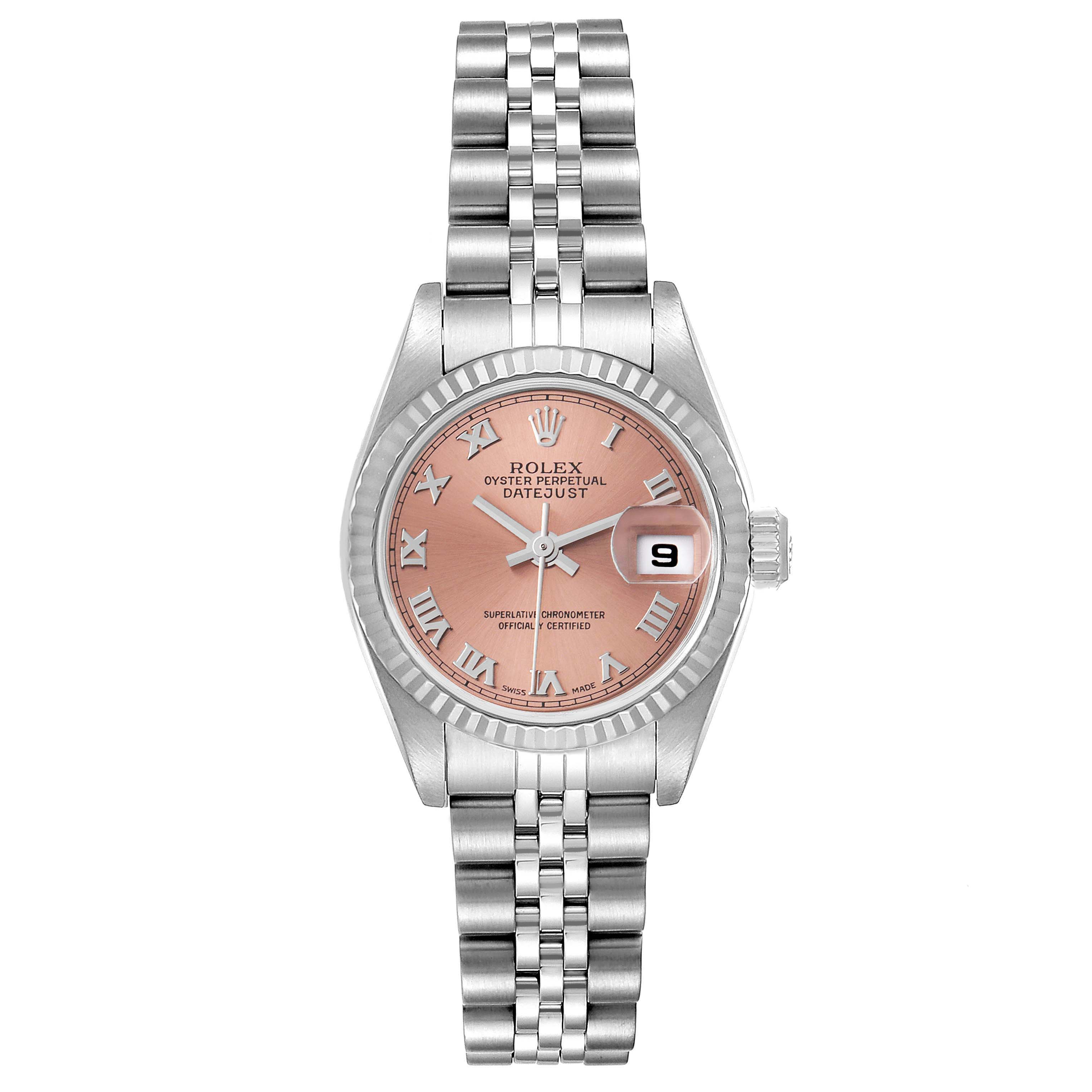 This image shows the front view of a Rolex Datejust 79174 Women's Stainless Steel Pink Dial 79174 Women's Stainless Steel Pink Dial watch, depicting the dial, case, bezel, and bracelet.