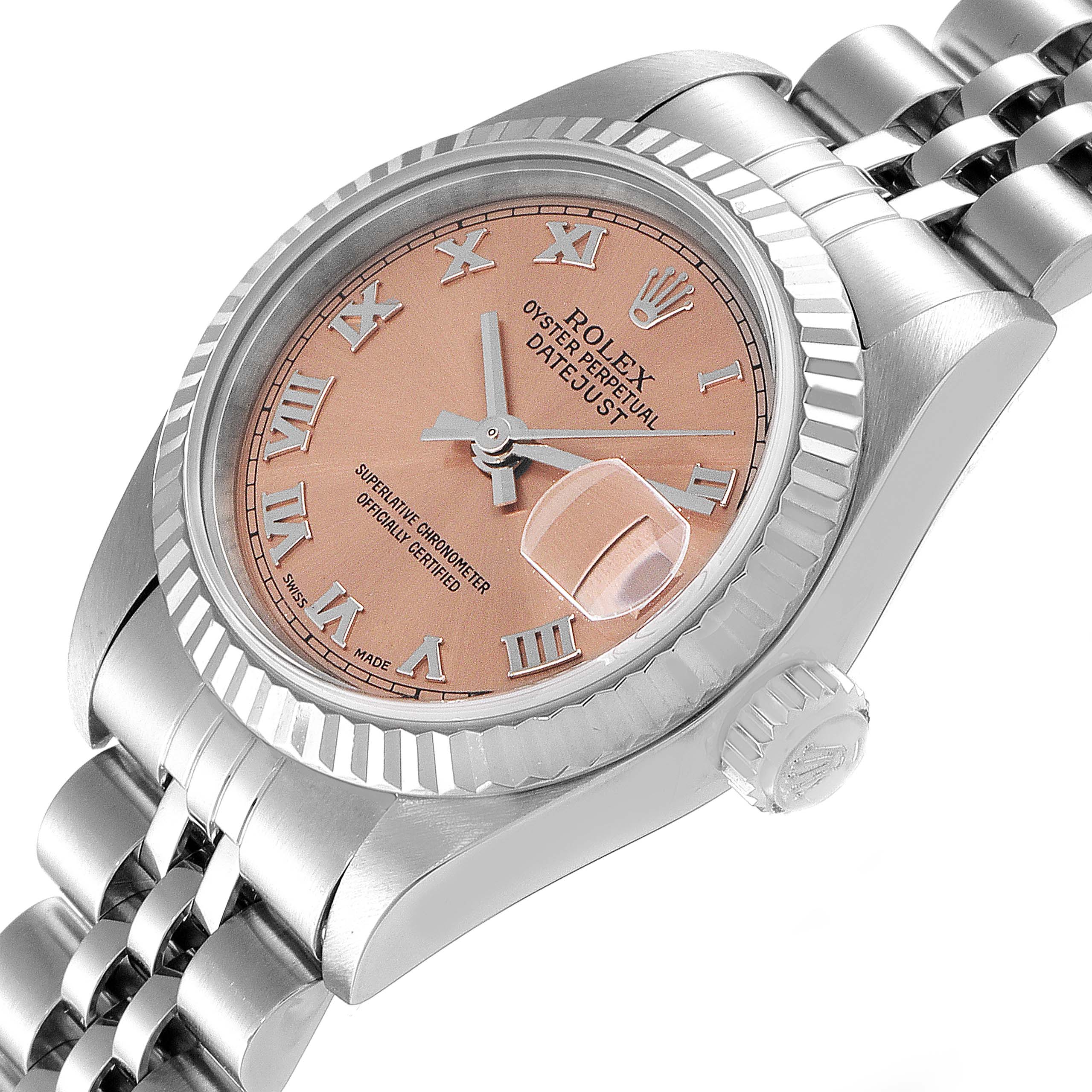 The image shows a close-up, angled view of a Rolex Datejust 79174 Women's Stainless Steel Pink Dial 79174 Women's Stainless Steel Pink Dial watch, highlighting the bezel, crown, dial, and part of the bracelet.