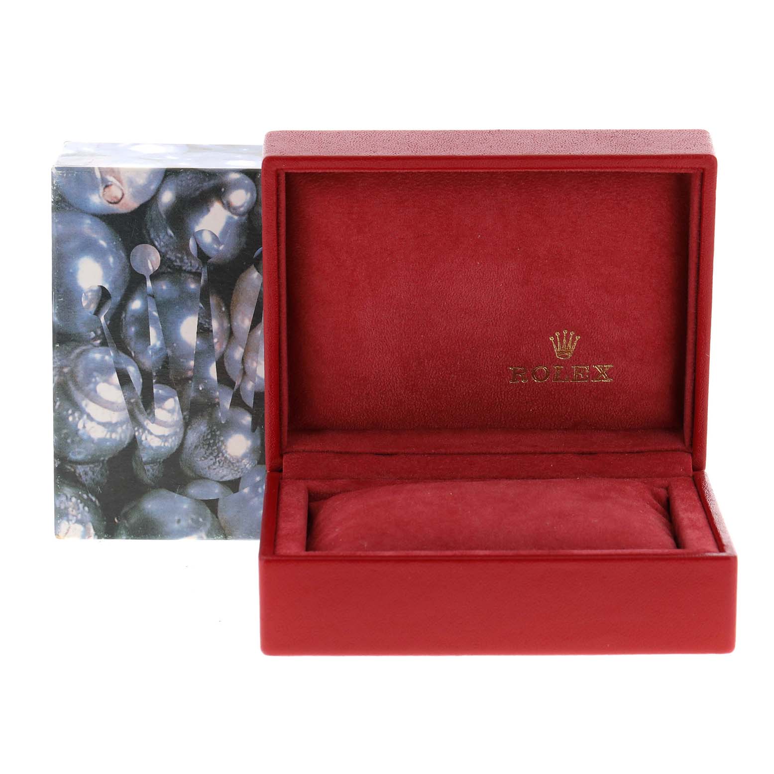 This image shows a red Rolex Datejust 79174 Women's Stainless Steel Pink Dial 79174 Women's Stainless Steel Pink Dial watch box with a cushioned interior and the Rolex logo, accompanied by its outer packaging.