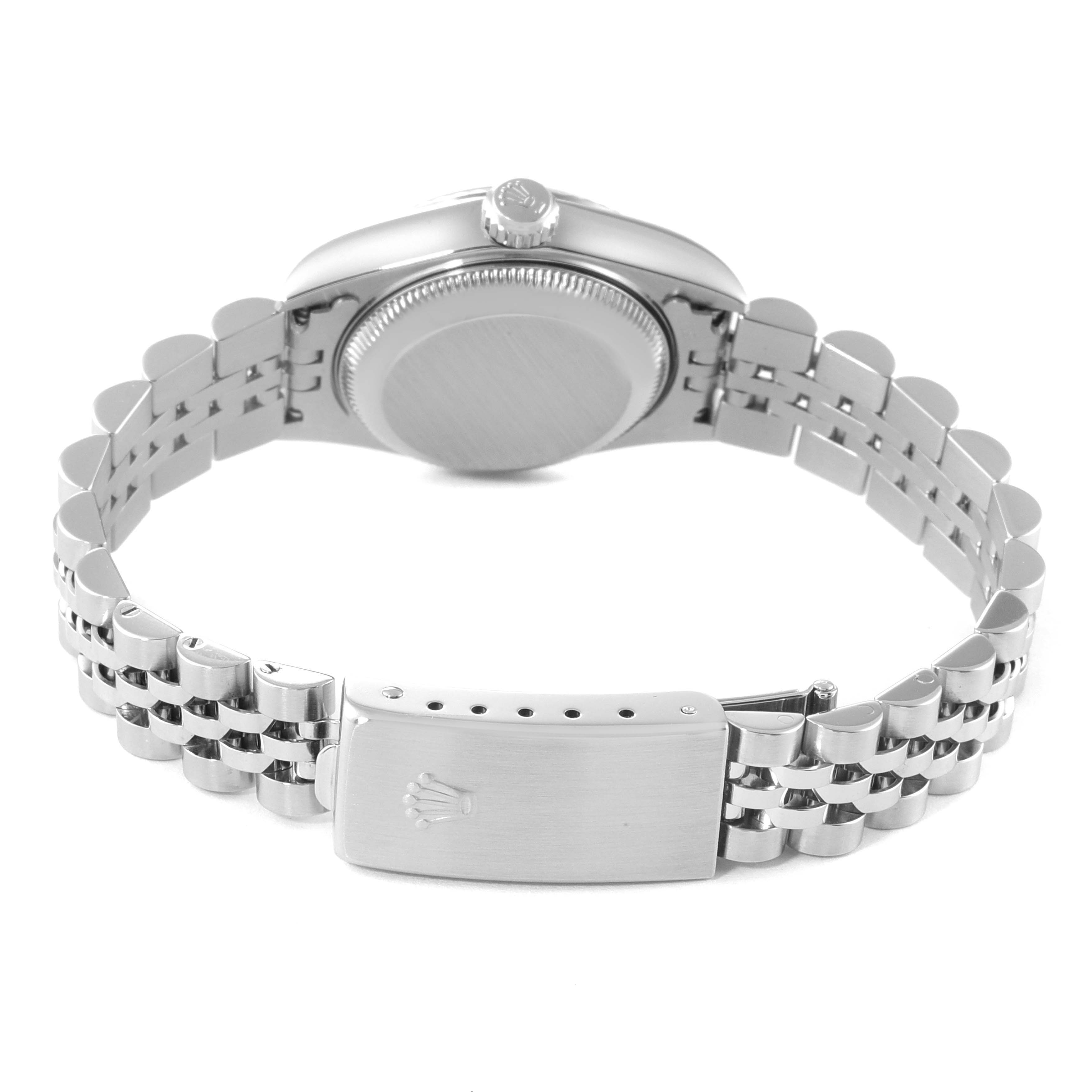 This image shows the back of a Rolex Datejust 79174 Women's Stainless Steel Pink Dial 79174 Women's Stainless Steel Pink Dial watch including the case back, crown, and Jubilee bracelet with clasp.