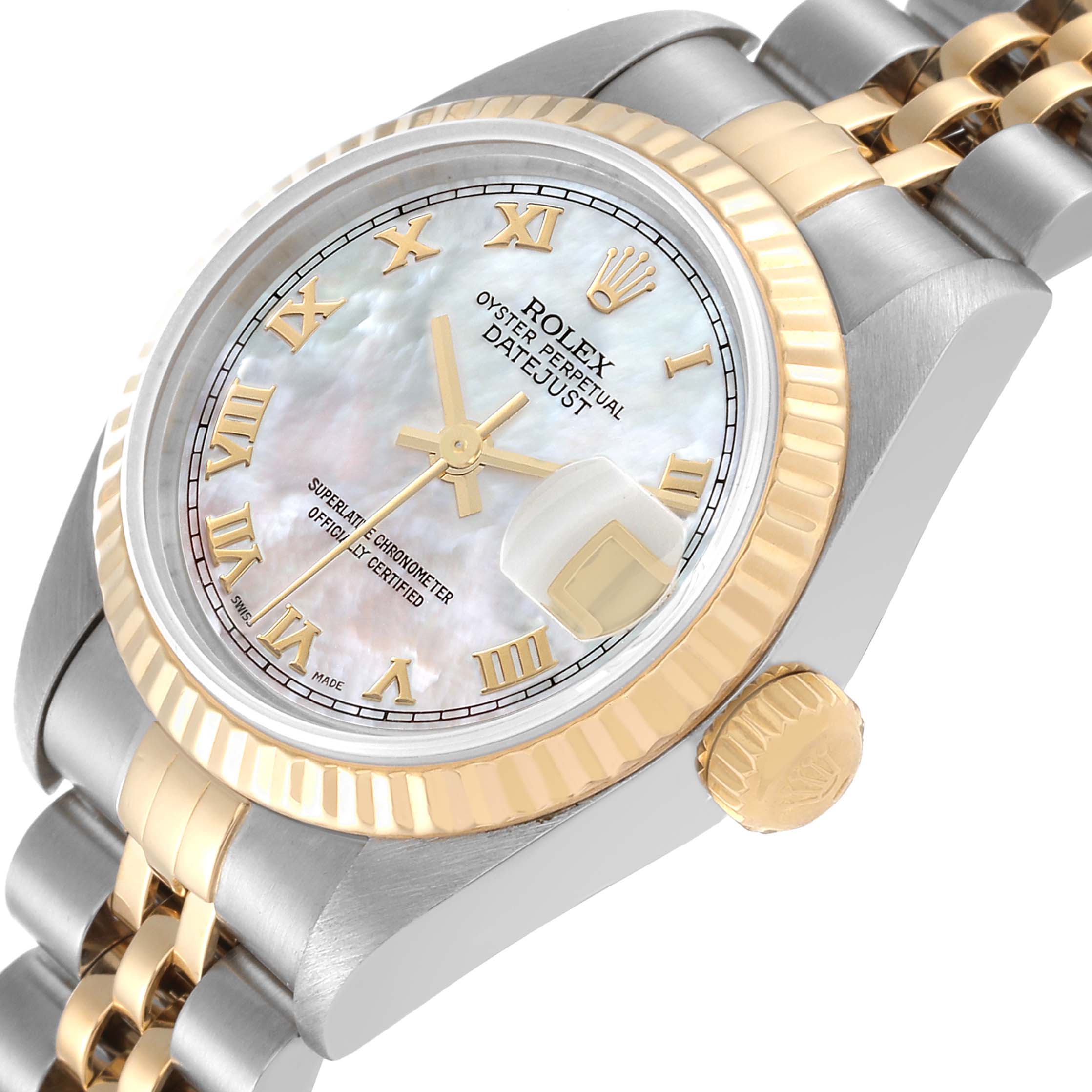 The image displays a close-up of a Rolex Datejust 79173 Women's Steel and Gold (two tone) Mother of Pearl Dial 79173 Women's Steel and Gold (two tone) Mother of Pearl Dial watch highlighting the face, bezel, crown, and part of the bracelet from an oblique angle.