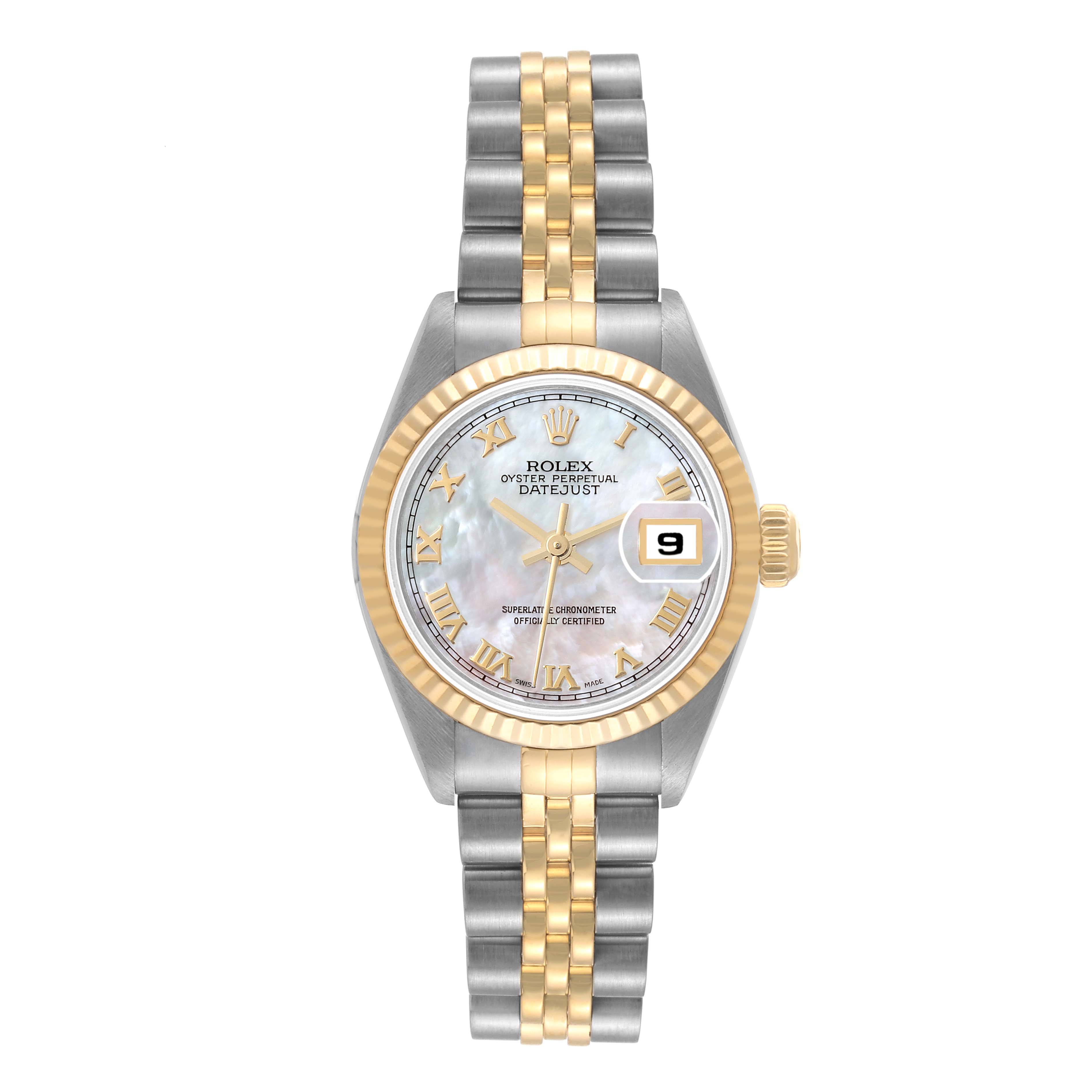 This image shows a Rolex Datejust 79173 Women's Steel and Gold (two tone) Mother of Pearl Dial 79173 Women's Steel and Gold (two tone) Mother of Pearl Dial watch with a fluted bezel and a two-tone bracelet, viewed from the front.