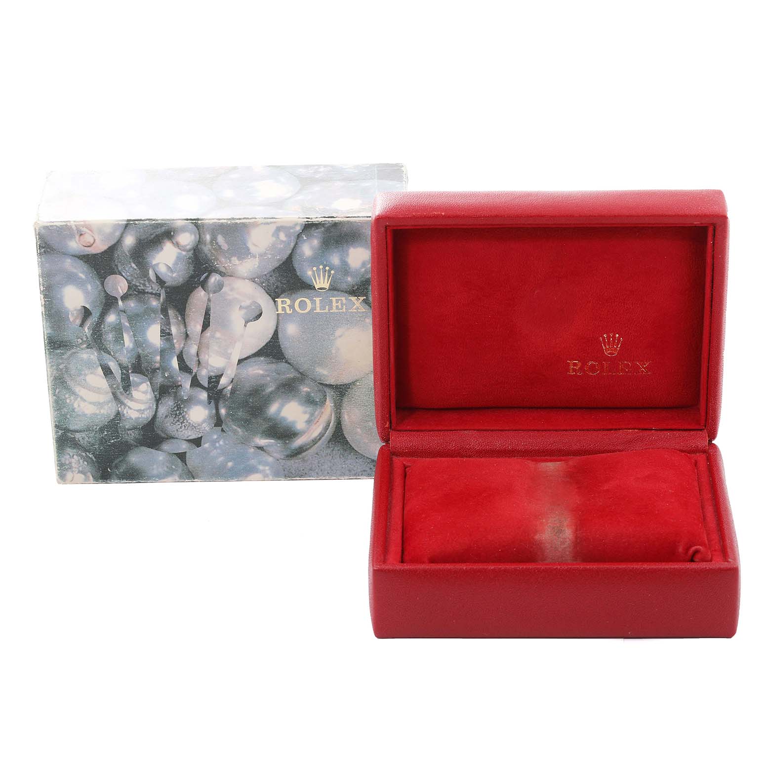 The image shows a red velvet watch box for a Rolex Datejust 79173 Women's Steel and Gold (two tone) Mother of Pearl Dial 79173 Women's Steel and Gold (two tone) Mother of Pearl Dial model, with a Rolex-branded outer box in the background.