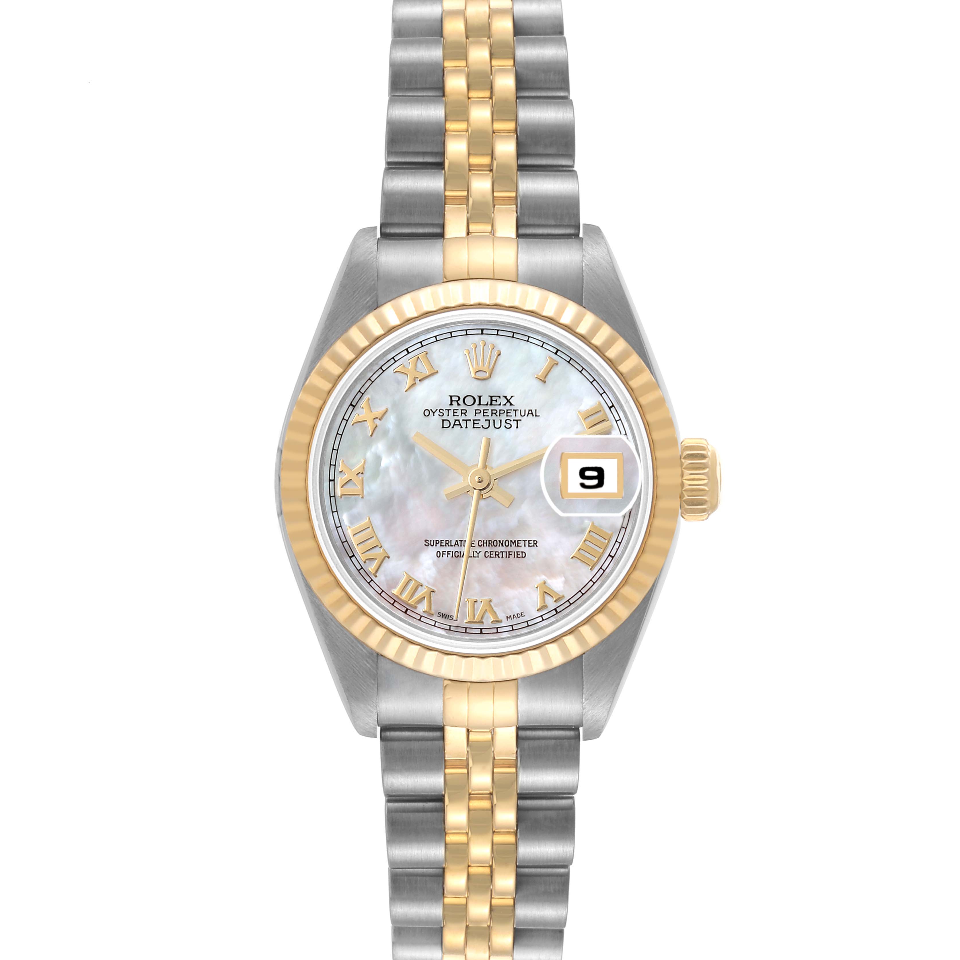 This image shows the Rolex Datejust 79173 Women's Steel and Gold (two tone) Mother of Pearl Dial 79173 Women's Steel and Gold (two tone) Mother of Pearl Dial watch from a front angle, highlighting its dial, bezel, and two-tone bracelet.