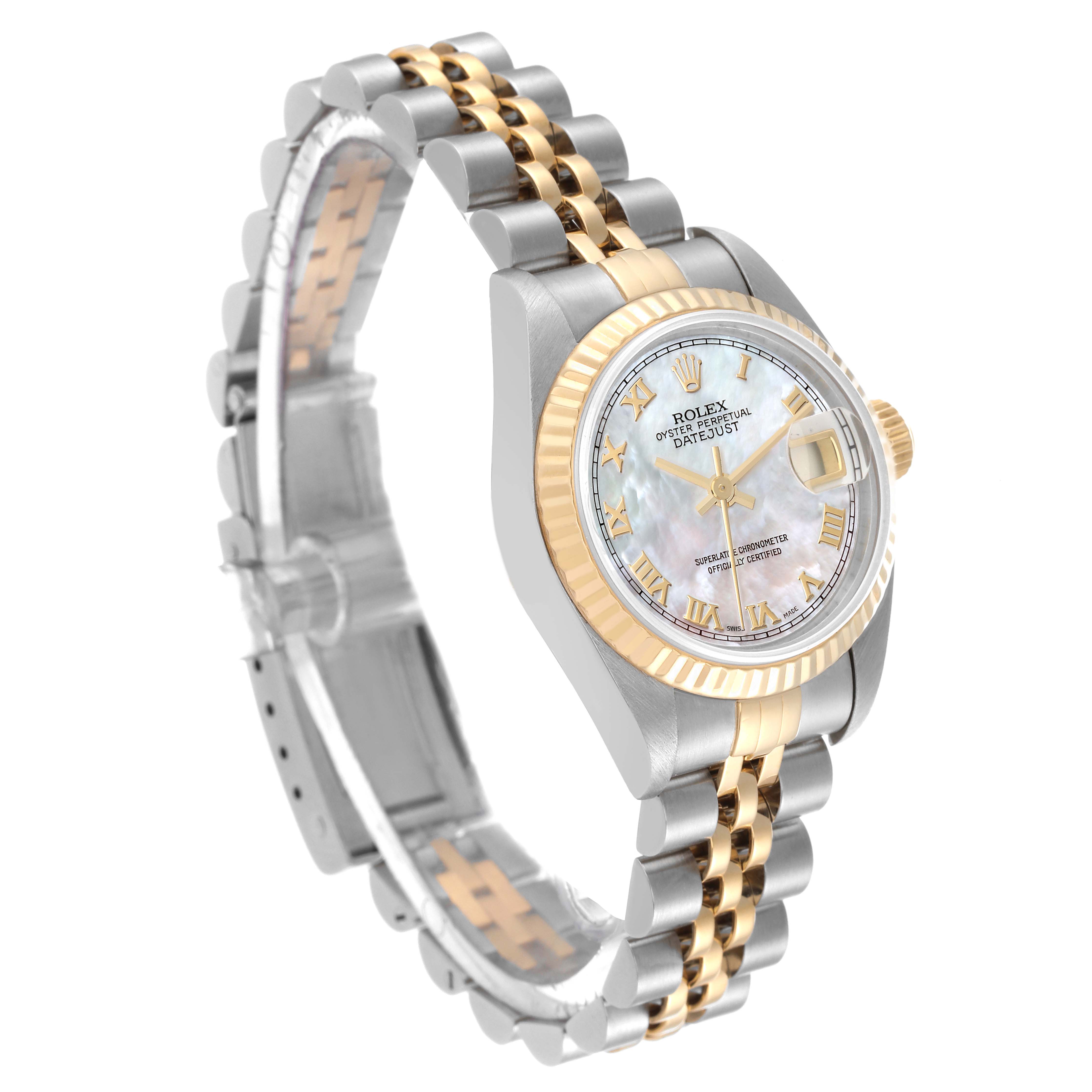 The Rolex Datejust 79173 Women's Steel and Gold (two tone) Mother of Pearl Dial 79173 Women's Steel and Gold (two tone) Mother of Pearl Dial watch is shown at an angled side view, highlighting its bracelet, dial, and bezel.