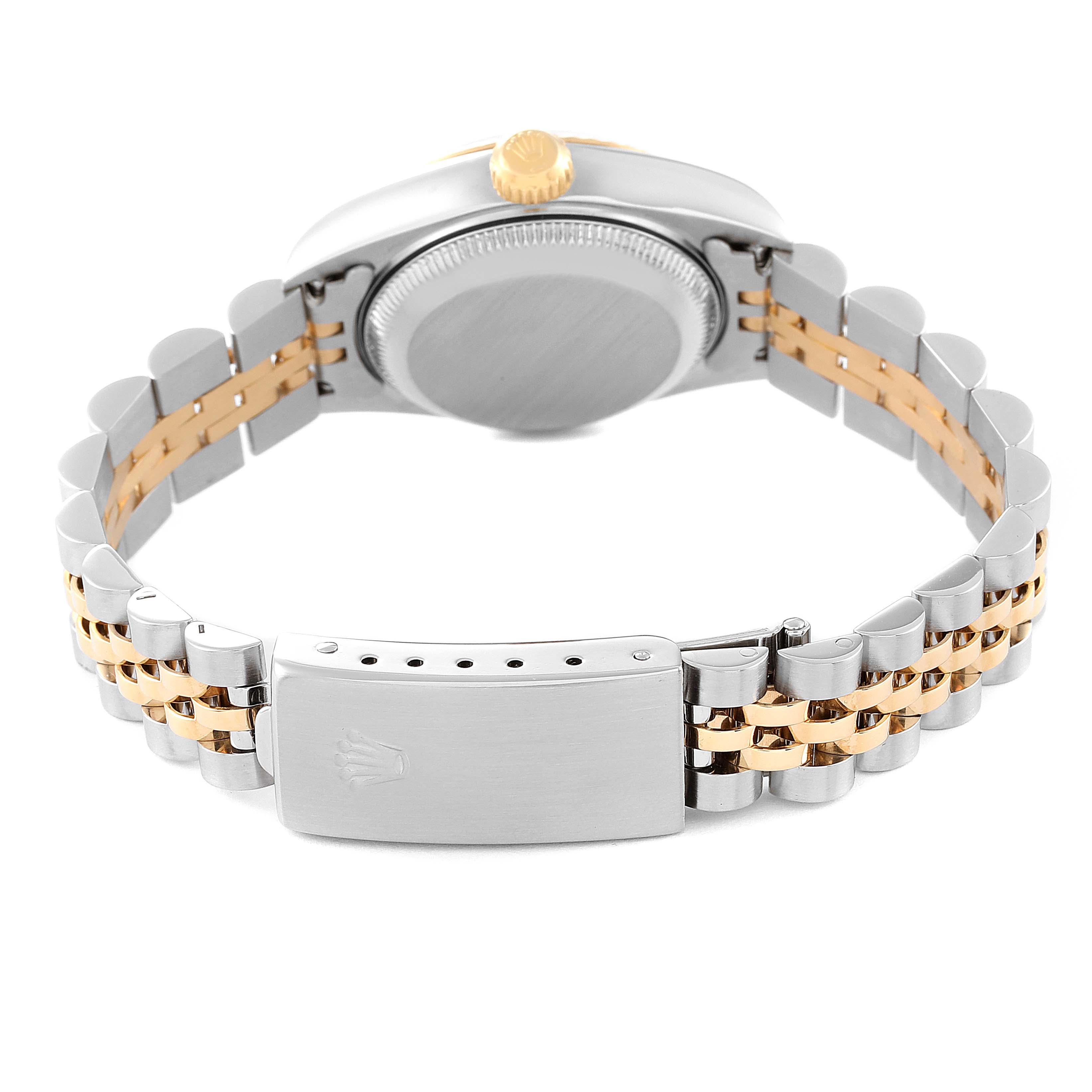 This image shows the back view of a Rolex Datejust 79173 Women's Steel and Gold (two tone) Mother of Pearl Dial 79173 Women's Steel and Gold (two tone) Mother of Pearl Dial watch, highlighting its Jubilee two-tone bracelet and clasp.