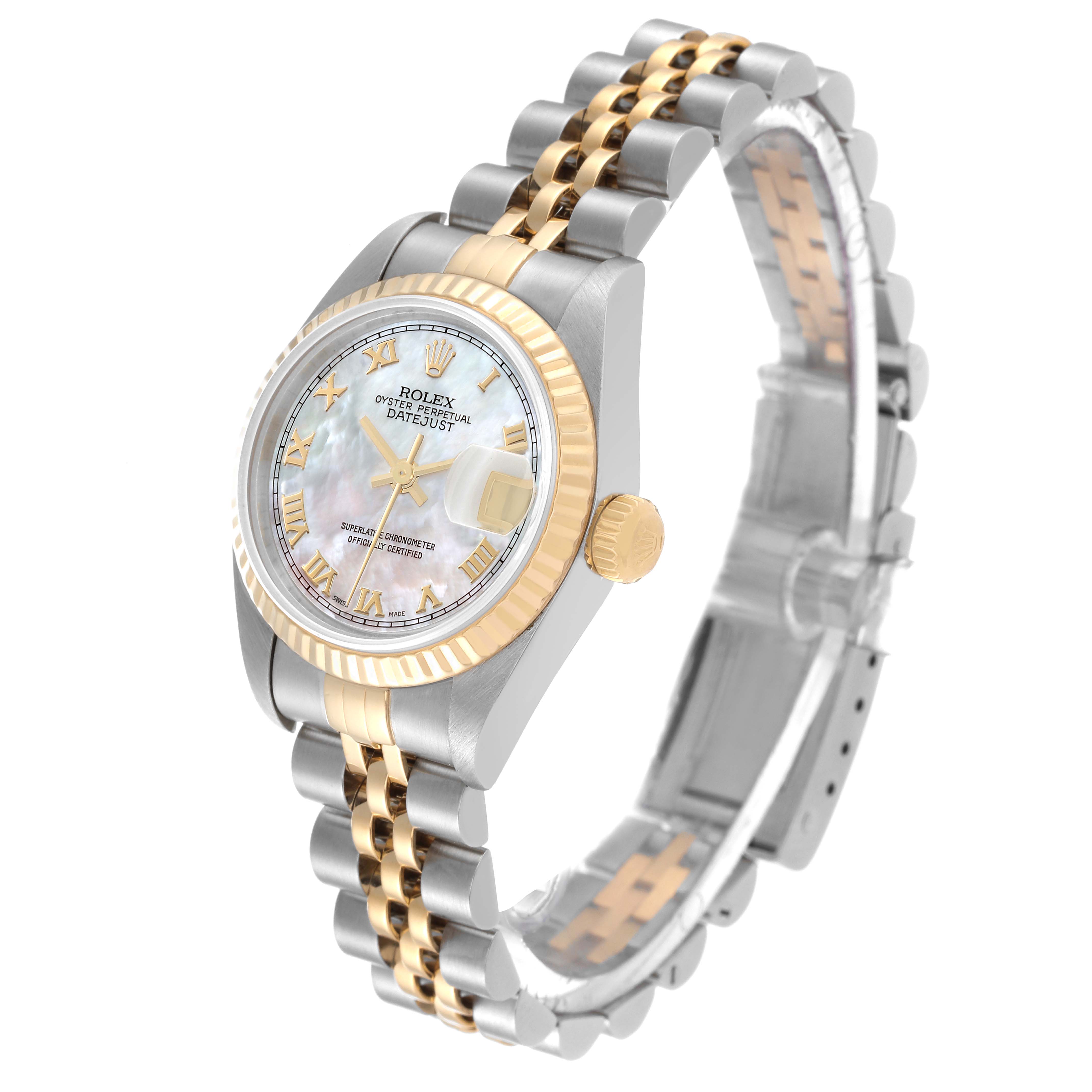 The image shows a Rolex Datejust 79173 Women's Steel and Gold (two tone) Mother of Pearl Dial 79173 Women's Steel and Gold (two tone) Mother of Pearl Dial watch at a three-quarter angle, highlighting its face, crown, and two-tone bracelet.