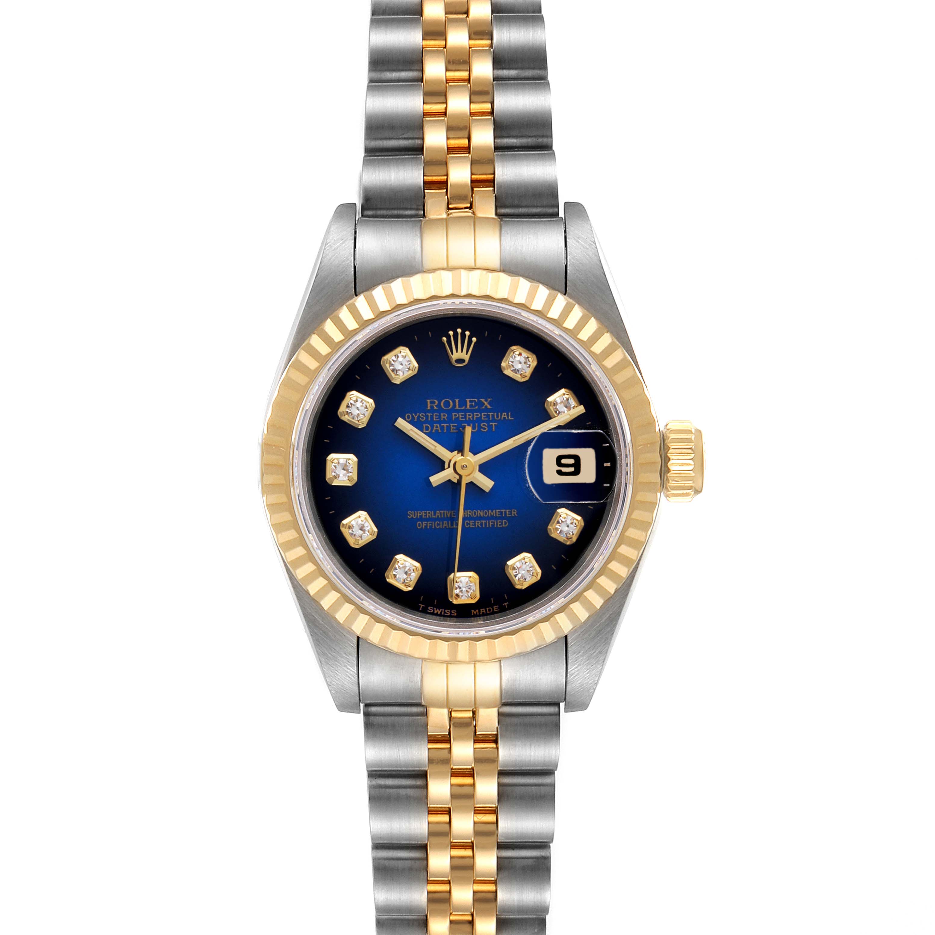 The image shows a Rolex Datejust 69173 Women's Steel and Gold (two tone) Blue Dial 69173 Women's Steel and Gold (two tone) Blue Dial watch from a front angle, featuring a blue dial with diamond hour markers and a two-tone bracelet.