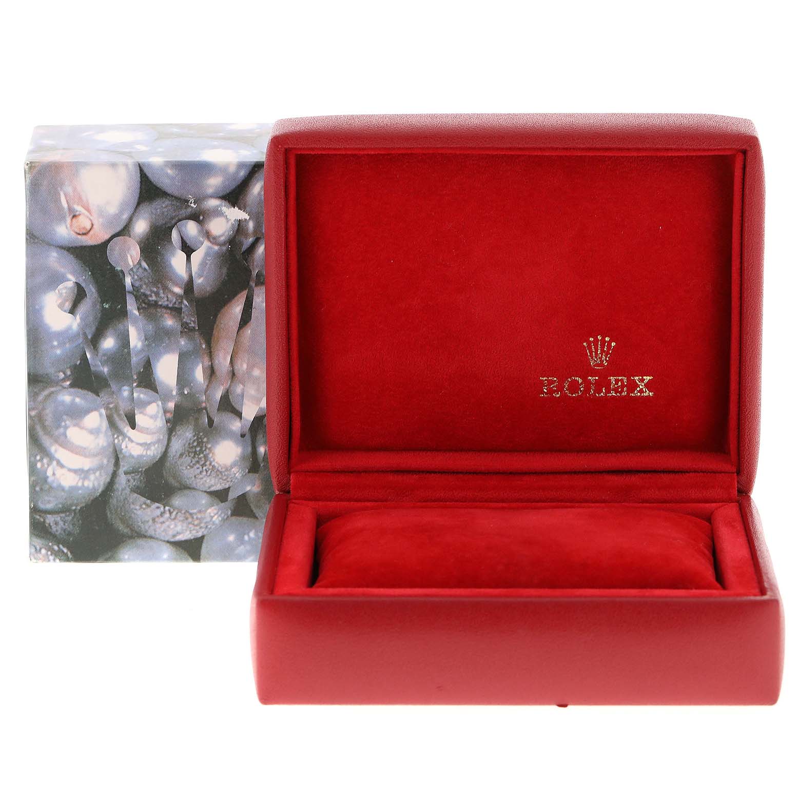 An empty Rolex Datejust 69173 Women's Steel and Gold (two tone) Blue Dial 69173 Women's Steel and Gold (two tone) Blue Dial watch box with a red interior, showing the inside of the case from a frontal angle.