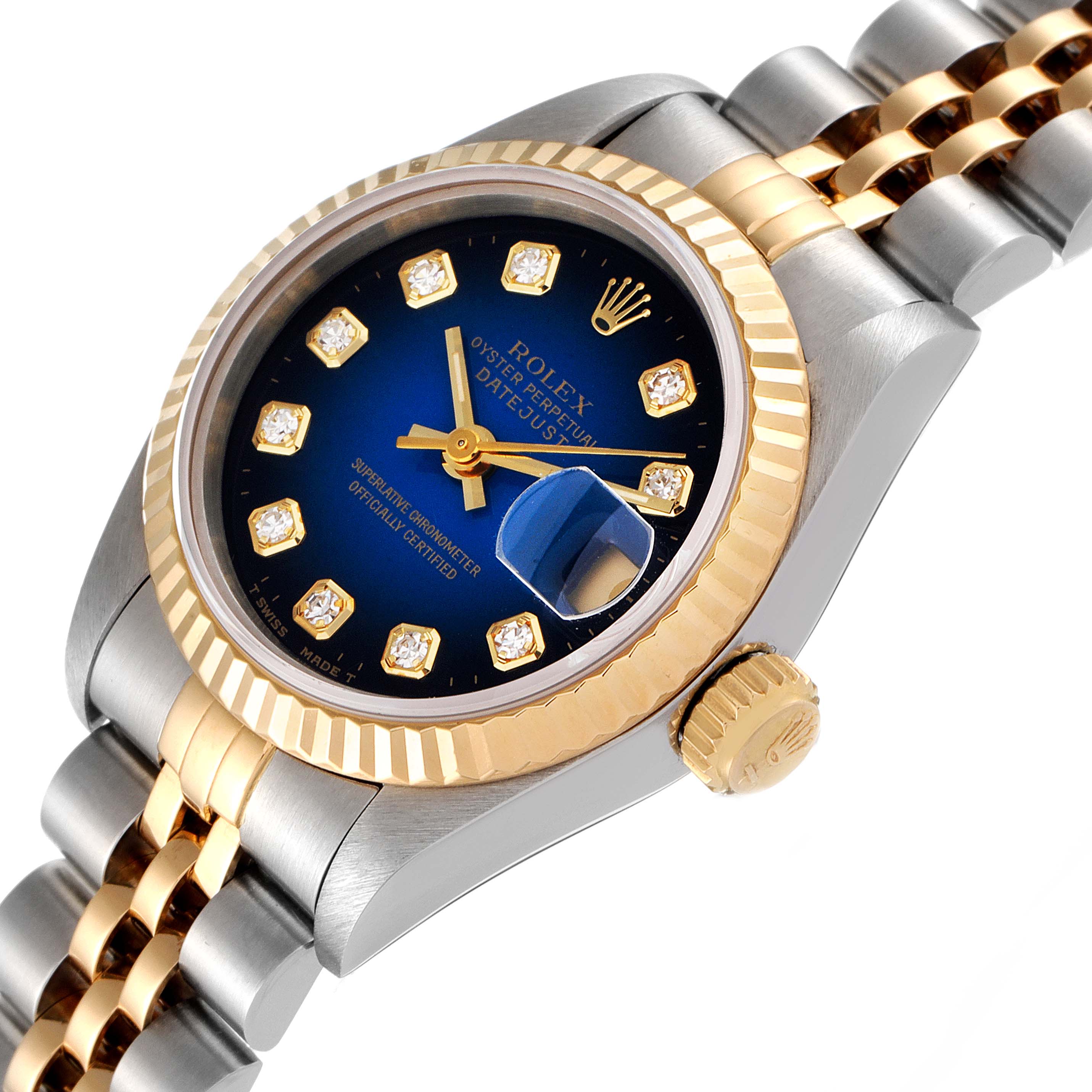 The image shows a close-up side angle of the Rolex Datejust 69173 Women's Steel and Gold (two tone) Blue Dial 69173 Women's Steel and Gold (two tone) Blue Dial watch, highlighting the dial, bezel, crown, and part of the bracelet.