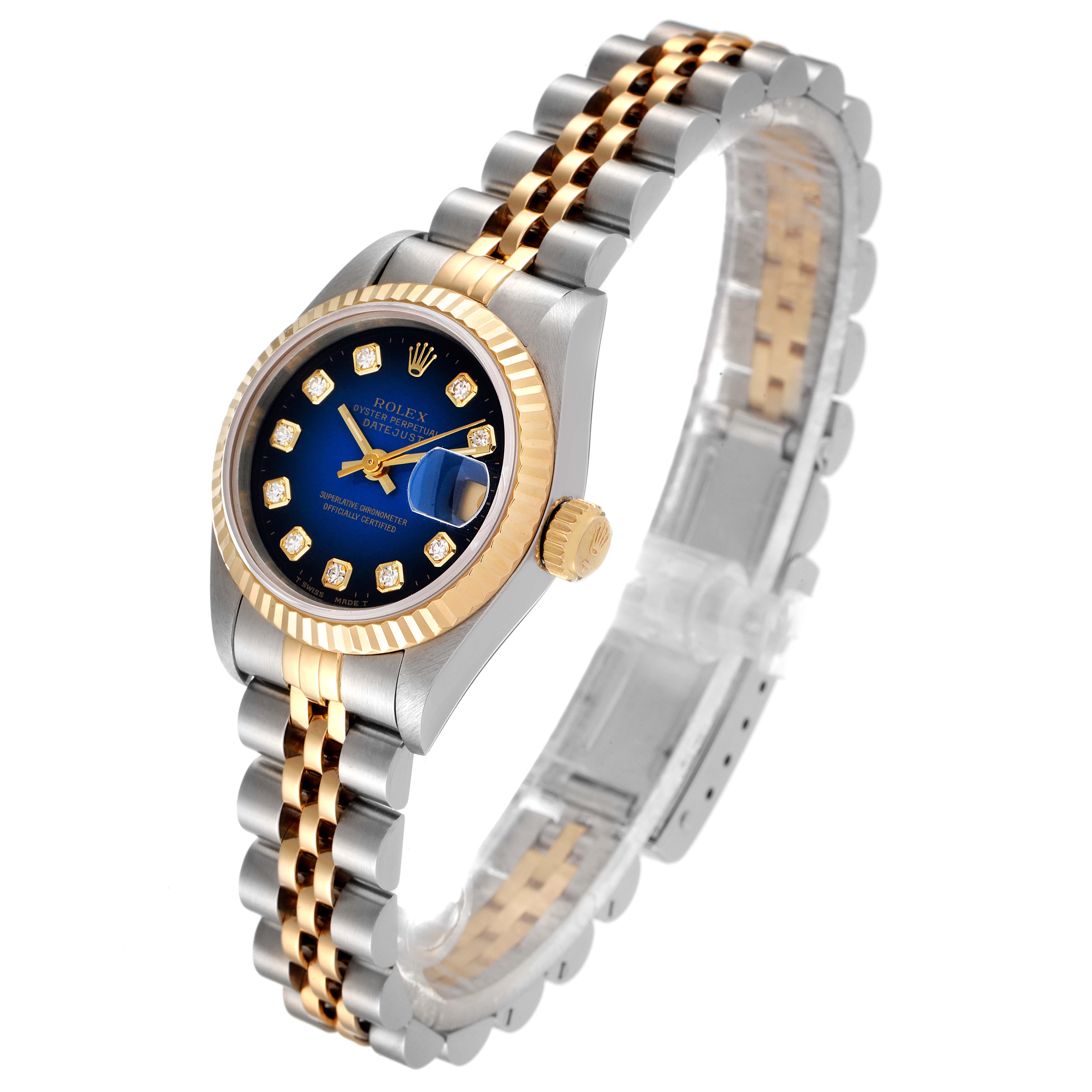 This image shows a Rolex Datejust 69173 Women's Steel and Gold (two tone) Blue Dial 69173 Women's Steel and Gold (two tone) Blue Dial watch angled from the front and slightly to the side, displaying the face, bezel, clasp, and bracelet.