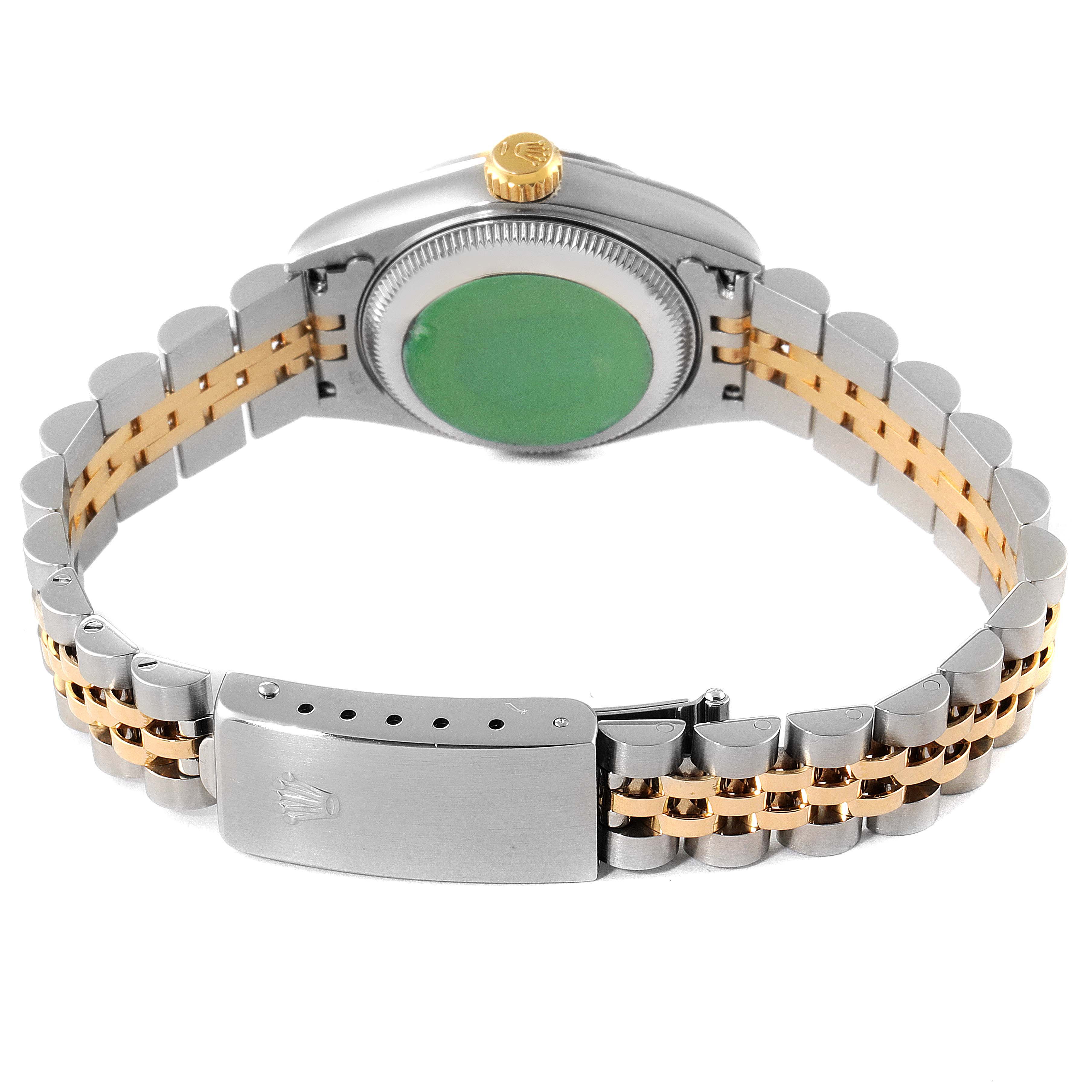 This image shows the back of a Rolex Datejust 69173 Women's Steel and Gold (two tone) Blue Dial 69173 Women's Steel and Gold (two tone) Blue Dial watch, highlighting its bracelet and clasp.