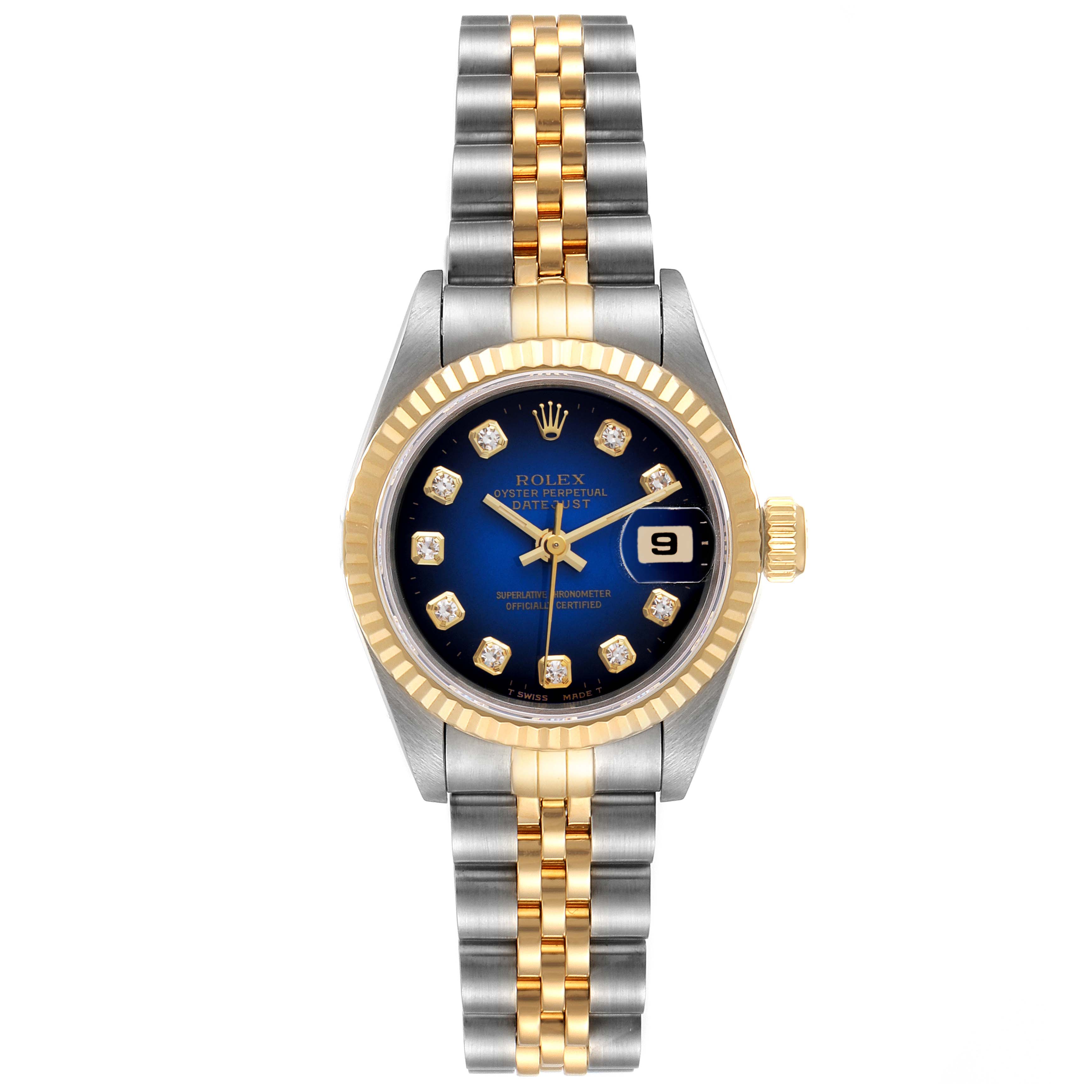 This image shows a front view of a Rolex Datejust 69173 Women's Steel and Gold (two tone) Blue Dial 69173 Women's Steel and Gold (two tone) Blue Dial watch, displaying its face, bezel, crown, and two-tone bracelet.