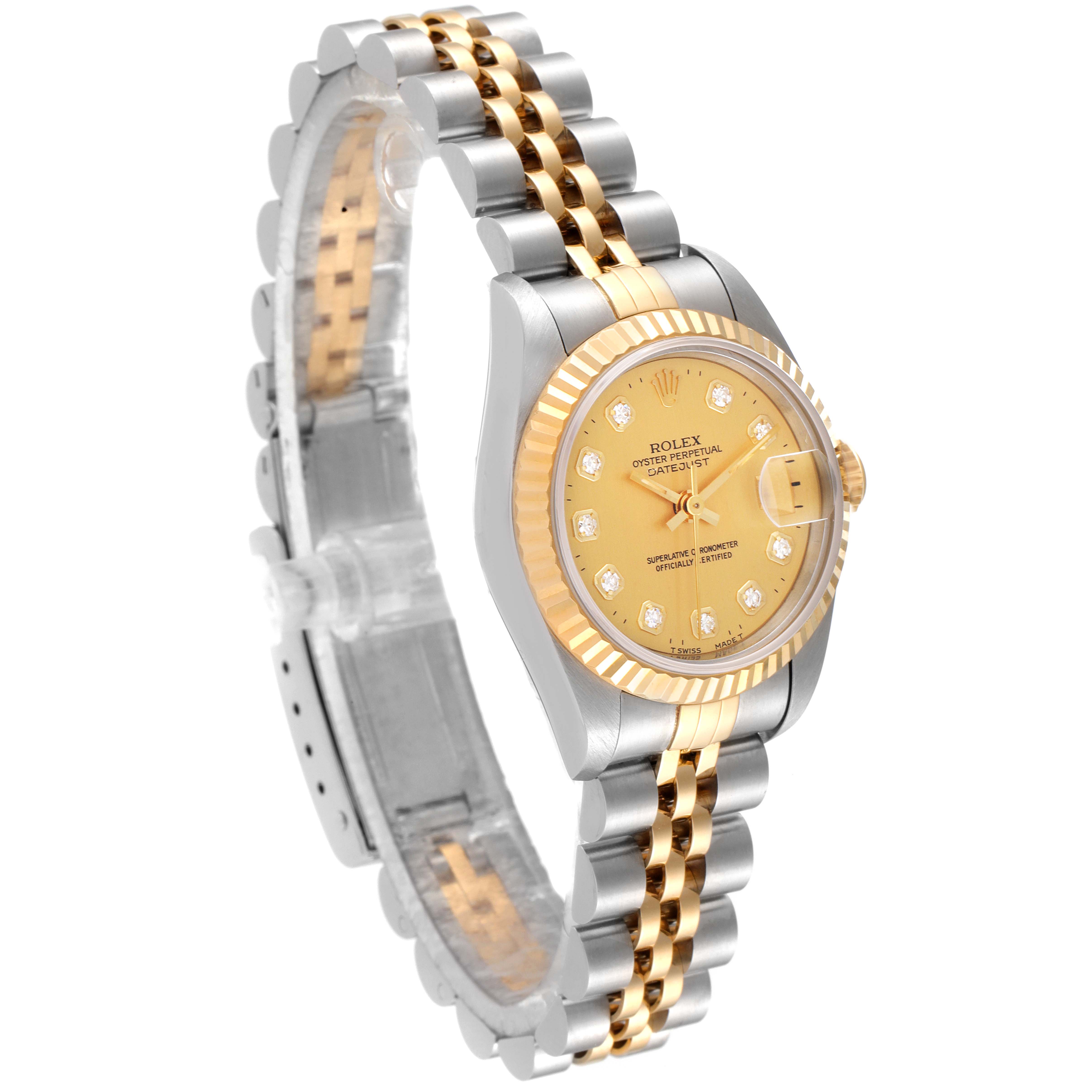 The image shows a Rolex Datejust 69173 Women
s Steel and Gold (two tone) Champagne Dial 69173 Women
s Steel and Gold (two tone) Champagne Dial watch with a yellow gold and stainless steel Jubilee bracelet at a left-side angle.