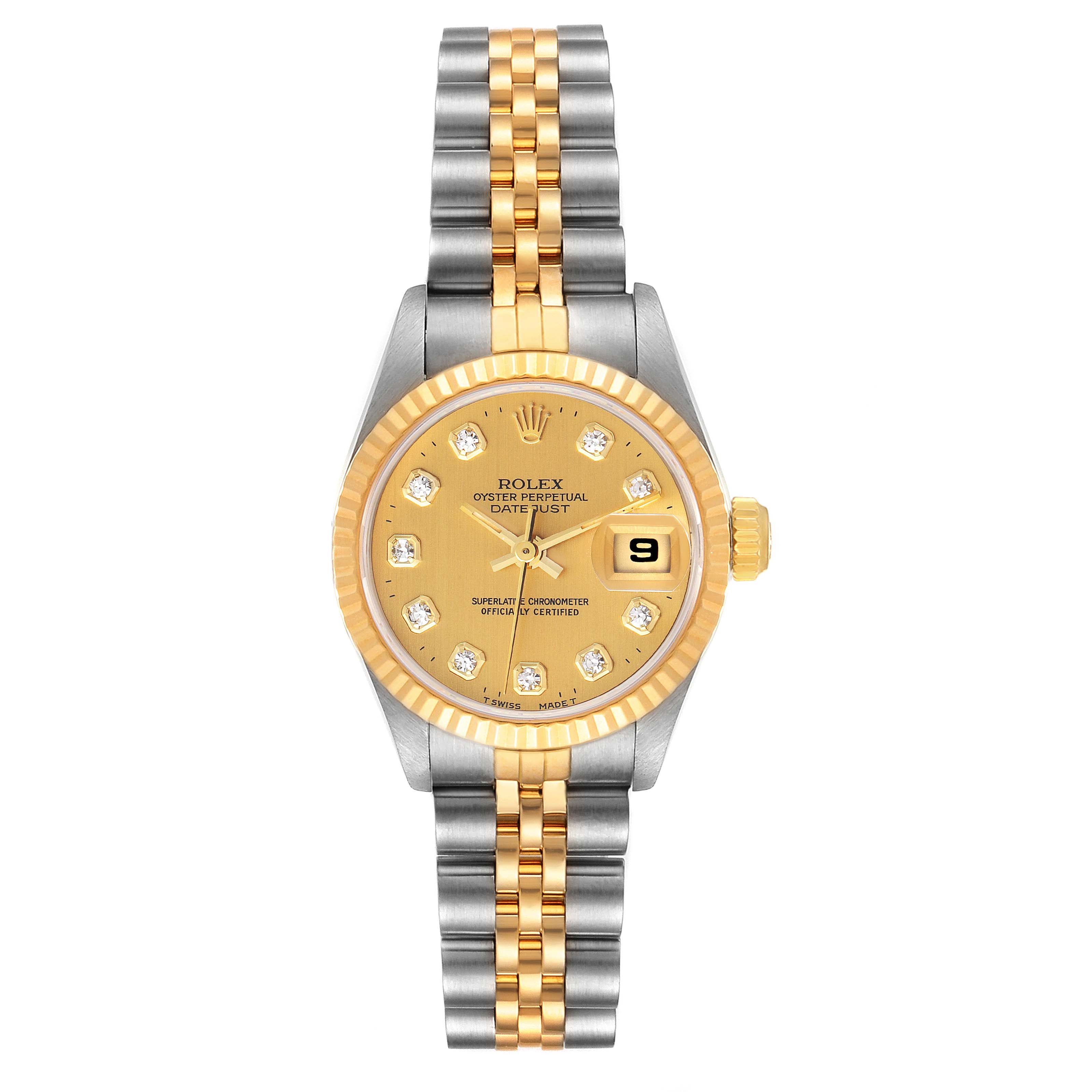 Front view of a Rolex Datejust 69173 Women
s Steel and Gold (two tone) Champagne Dial 69173 Women
s Steel and Gold (two tone) Champagne Dial watch showing the dial, bezel, and two-tone bracelet.