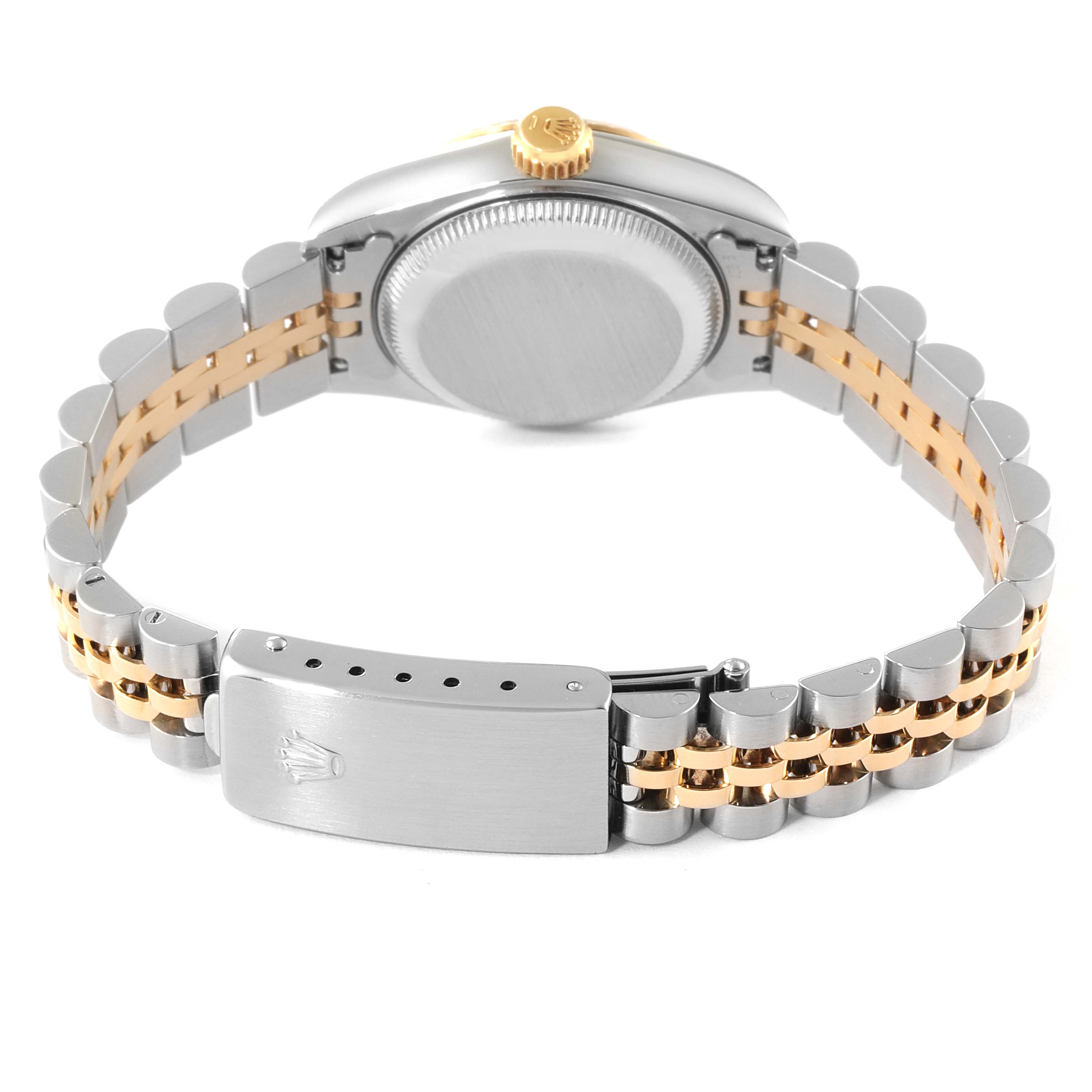 This image shows the back angle of a Rolex Datejust 69173 Women
s Steel and Gold (two tone) Champagne Dial 69173 Women
s Steel and Gold (two tone) Champagne Dial watch, highlighting the bracelet and clasp.