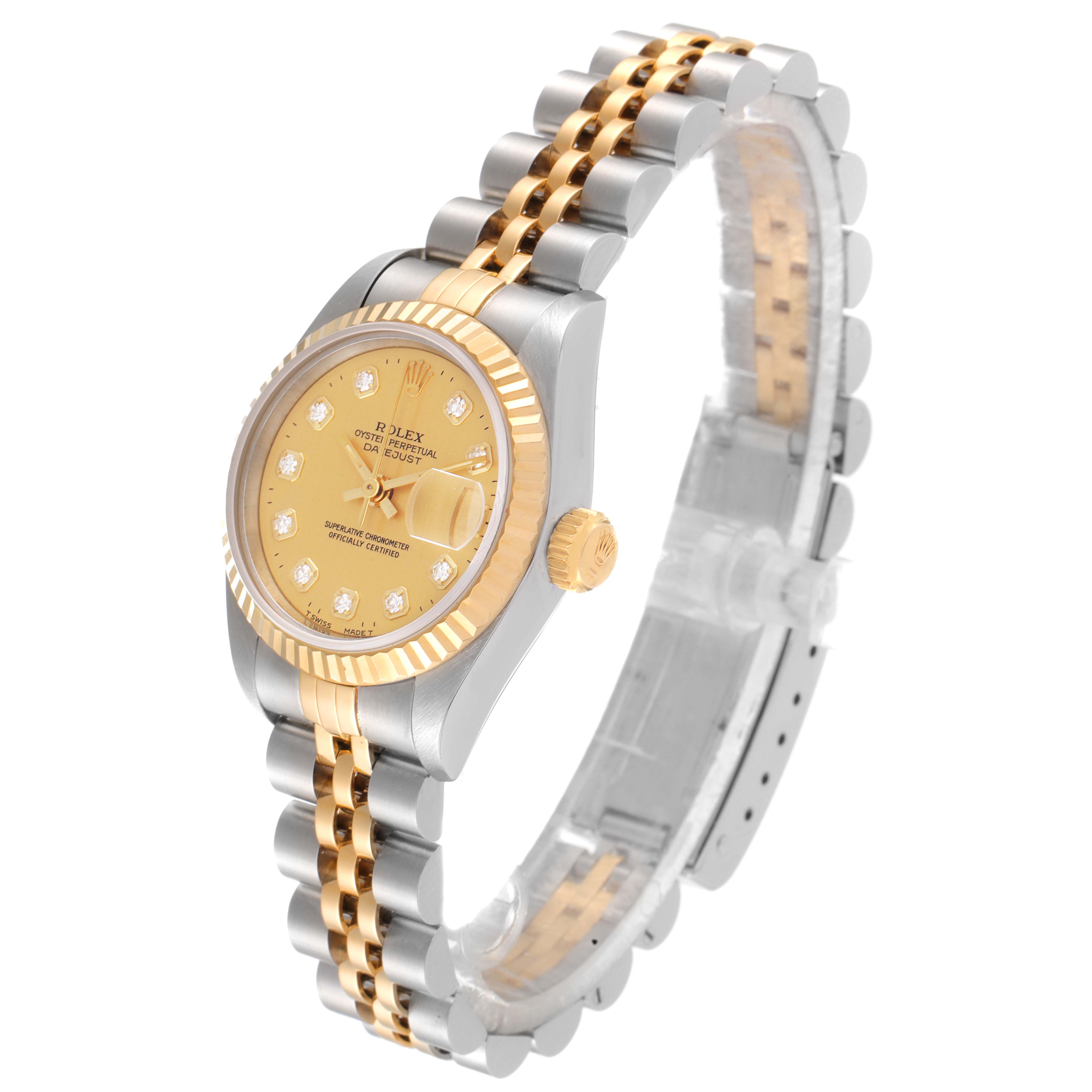 The image shows a side angle of the Rolex Datejust 69173 Women
s Steel and Gold (two tone) Champagne Dial 69173 Women
s Steel and Gold (two tone) Champagne Dial, highlighting its two-tone bracelet, gold bezel, and dial.