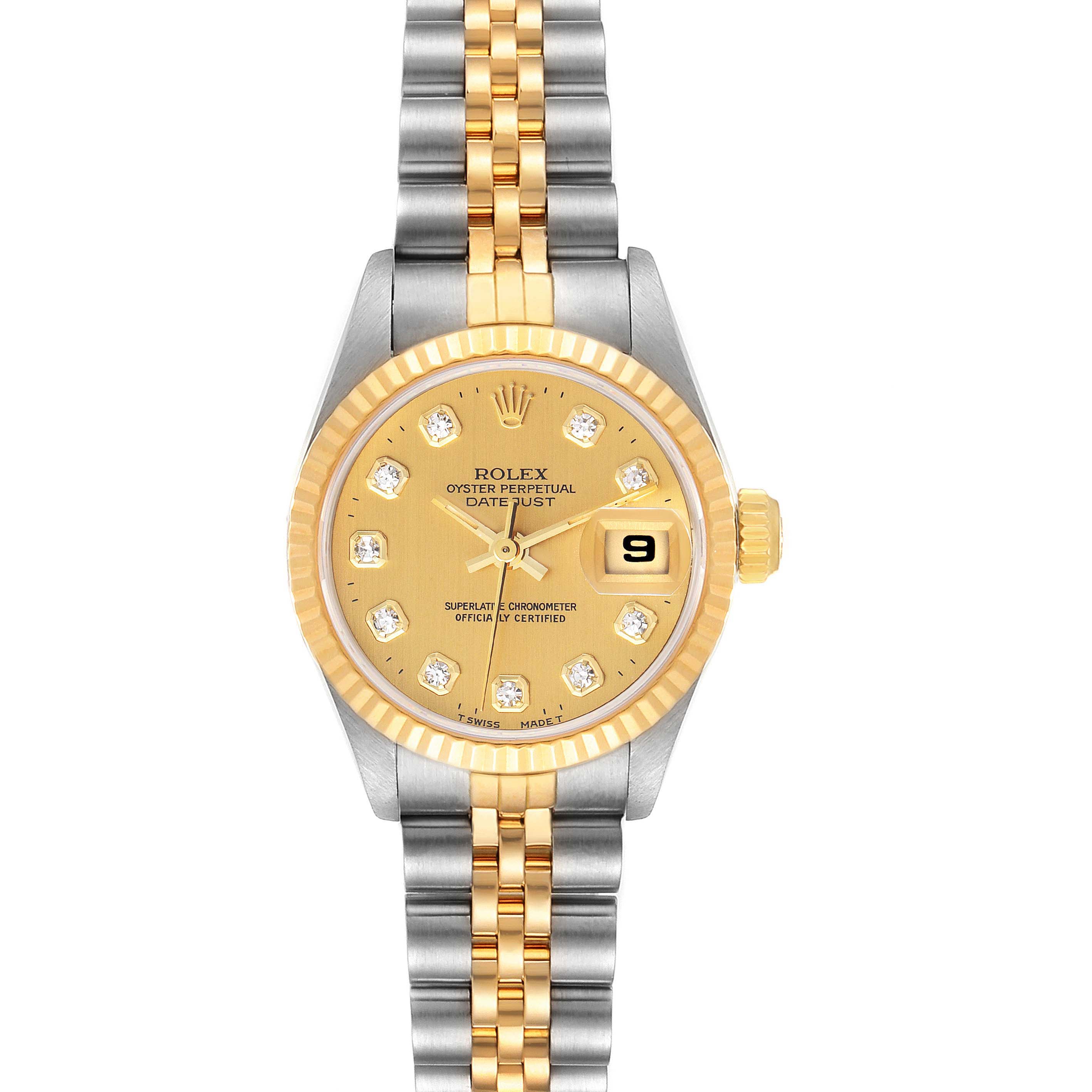 This image shows a front view of a Rolex Datejust 69173 Women
s Steel and Gold (two tone) Champagne Dial 69173 Women
s Steel and Gold (two tone) Champagne Dial watch featuring a two-tone bracelet and a gold dial with diamond hour markers.