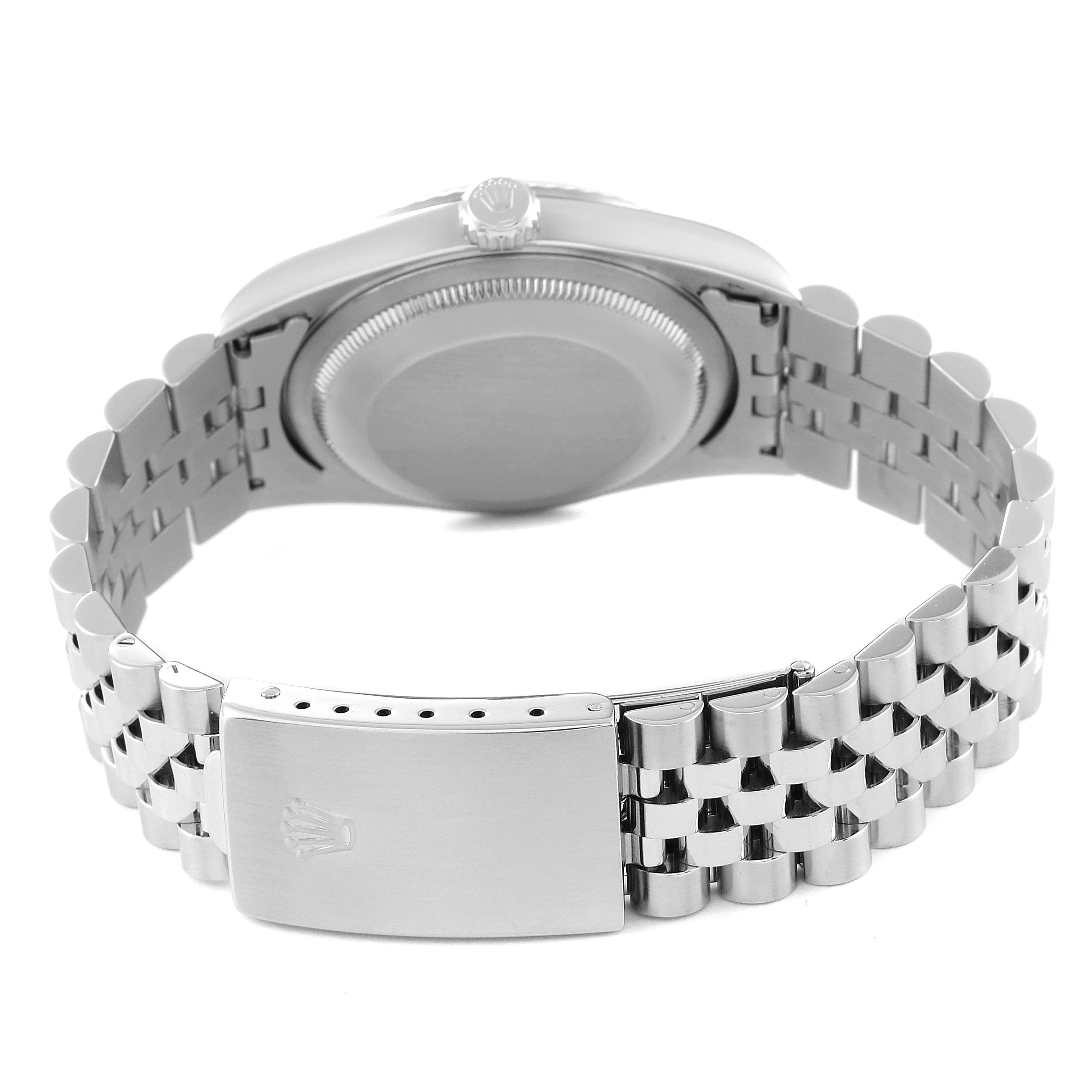 The image shows the back view of a Rolex Datejust 16234 Men's Stainless Steel Blue Dial 16234 Men's Stainless Steel Blue Dial watch, highlighting its case back and bracelet with the clasp open.