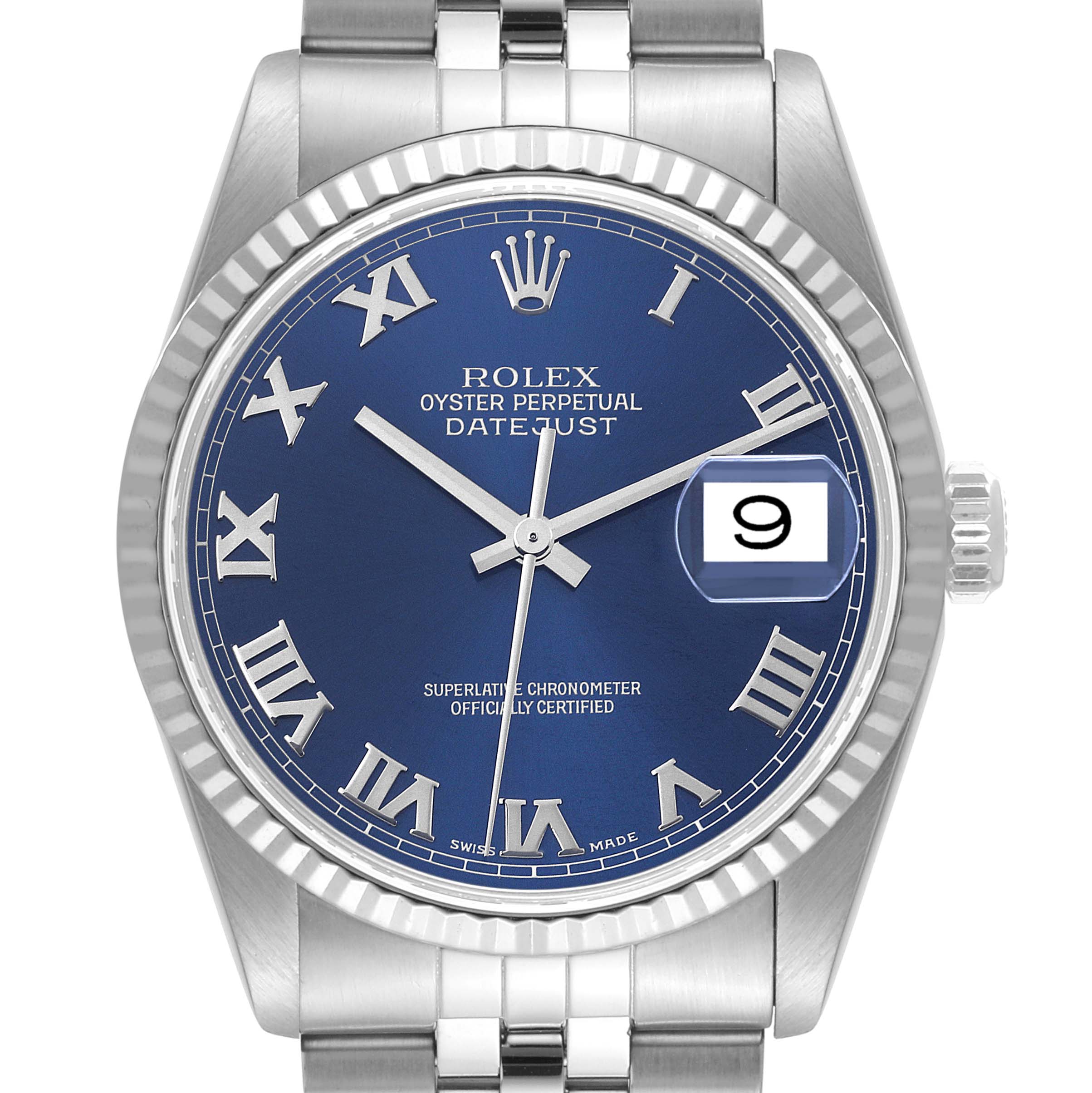 The image shows a front view of a Rolex Datejust 16234 Men's Stainless Steel Blue Dial 16234 Men's Stainless Steel Blue Dial watch featuring a blue dial, Roman numerals, and a date display.