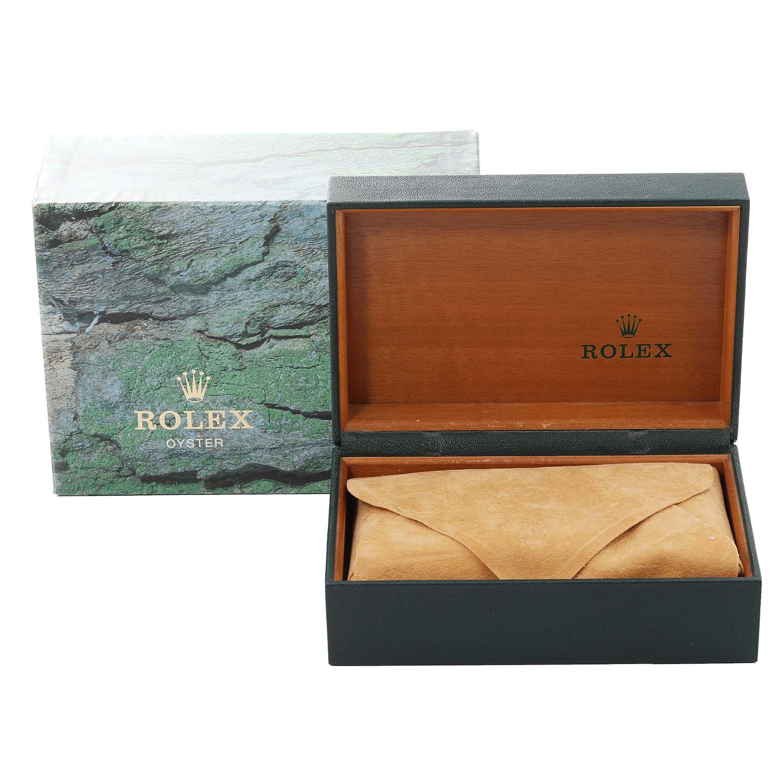 The image shows a Rolex Datejust 16234 Men's Stainless Steel Blue Dial 16234 Men's Stainless Steel Blue Dial watch box with the inner case partially open and a beige watch pouch inside.