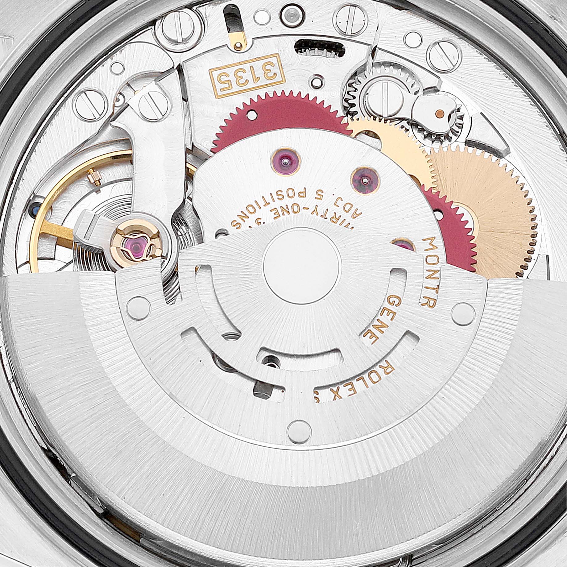 The image shows the internal mechanical movement of a Rolex Datejust 16234 Men's Stainless Steel Blue Dial 16234 Men's Stainless Steel Blue Dial watch, highlighting gears and intricate components.