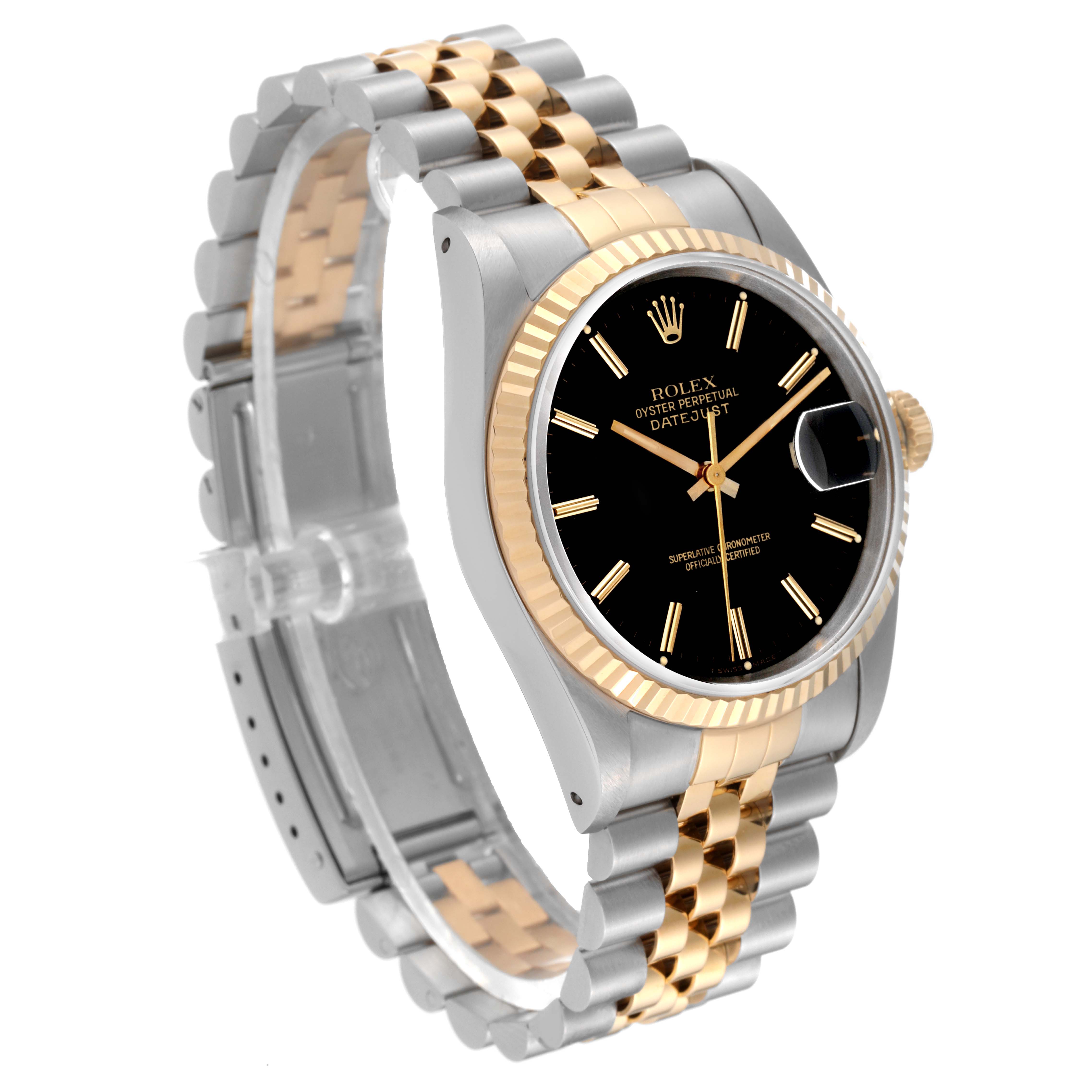 The Rolex Datejust 16233 Men's Steel and Gold (two tone) Black Dial 16233 Men's Steel and Gold (two tone) Black Dial watch is shown at an angled view highlighting the face, bezel, and two-tone bracelet.