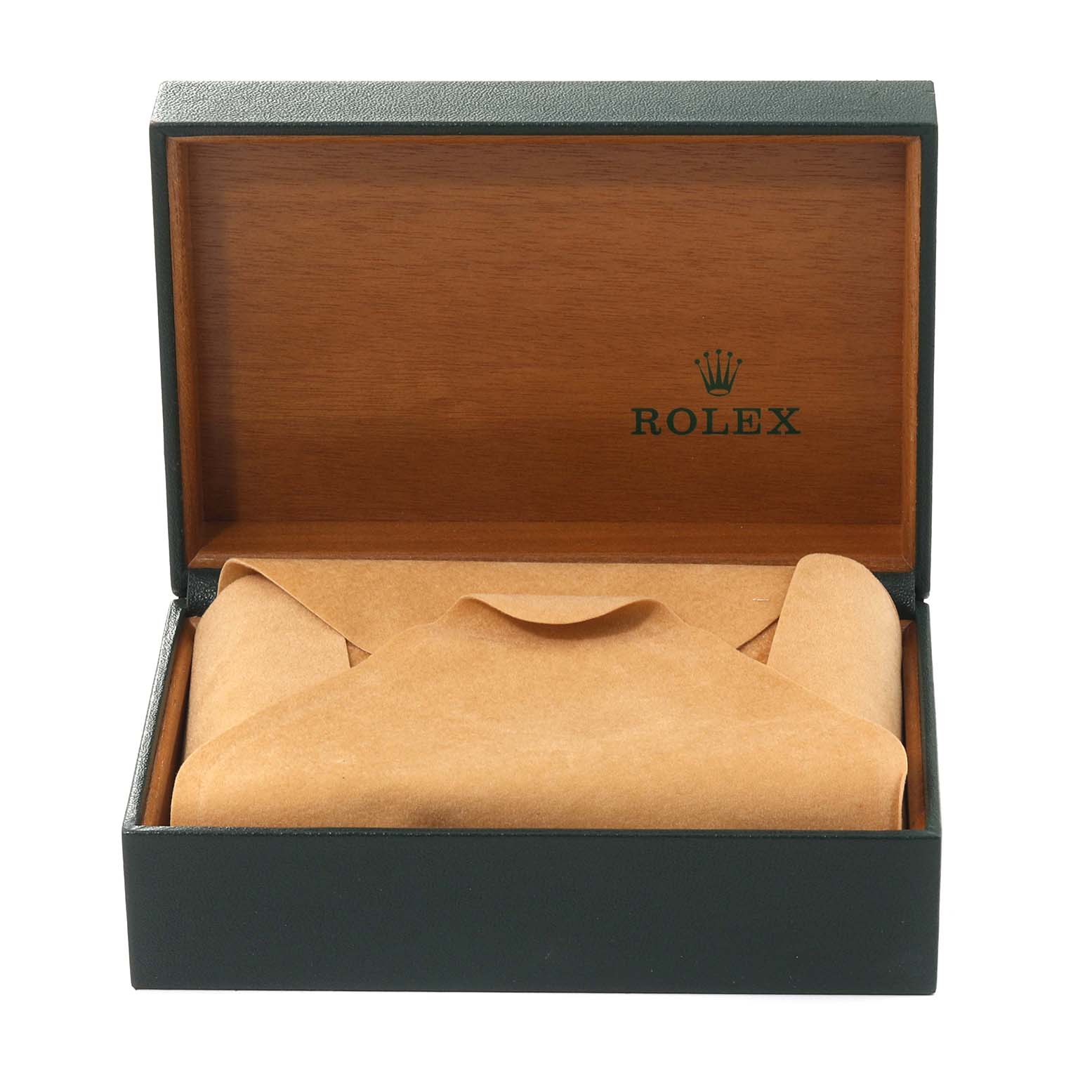 The image shows an open Rolex Datejust 16233 Men's Steel and Gold (two tone) Black Dial 16233 Men's Steel and Gold (two tone) Black Dial watch box with a covered watch, viewed from the front.