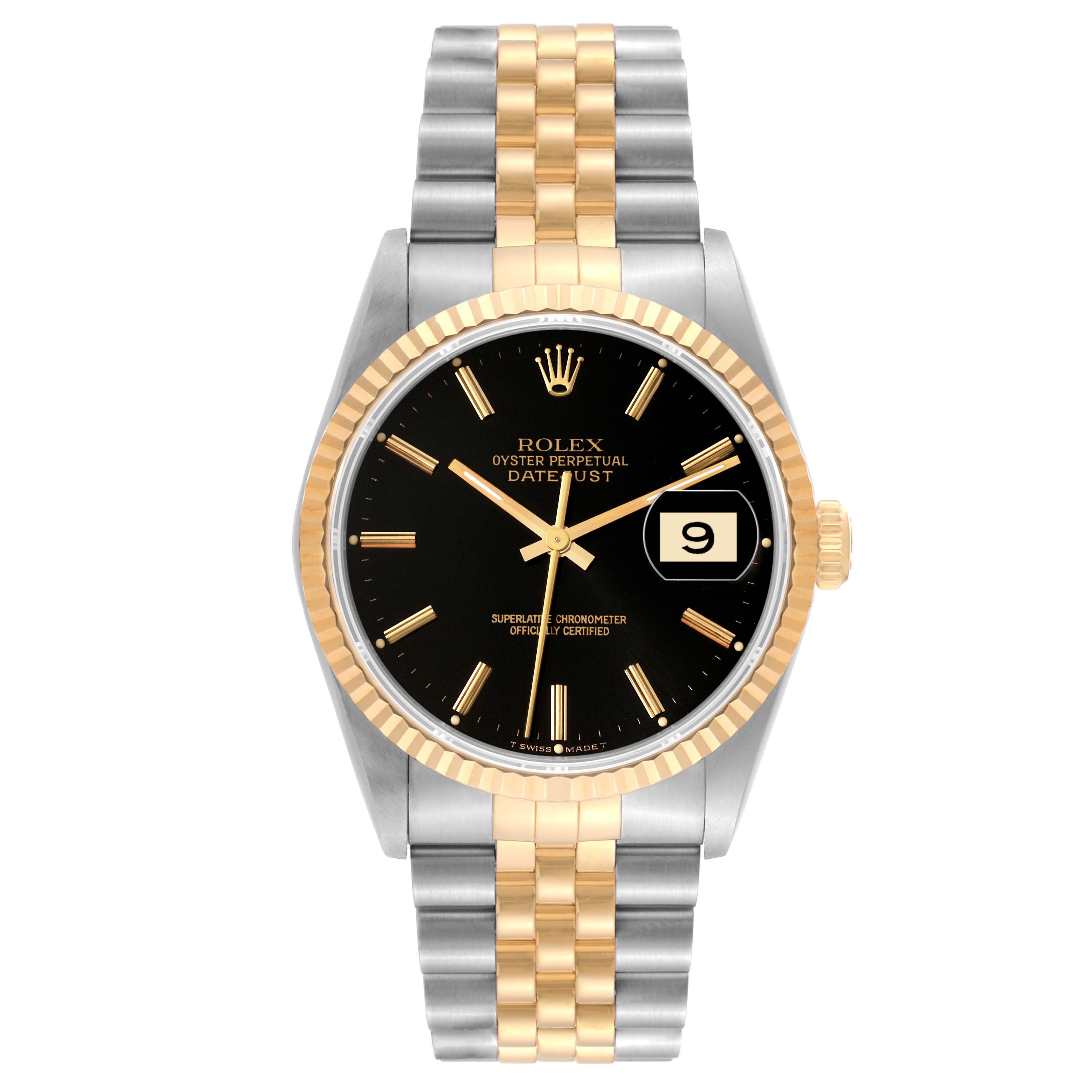 This image shows the front view of a Rolex Datejust 16233 Men's Steel and Gold (two tone) Black Dial 16233 Men's Steel and Gold (two tone) Black Dial watch, featuring a two-tone bracelet, black dial, and date window.