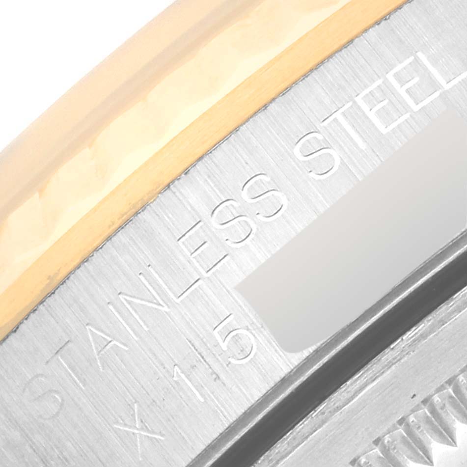 The image displays a close-up of the stainless steel case back of a Rolex Datejust 16233 Men's Steel and Gold (two tone) Black Dial 16233 Men's Steel and Gold (two tone) Black Dial watch.