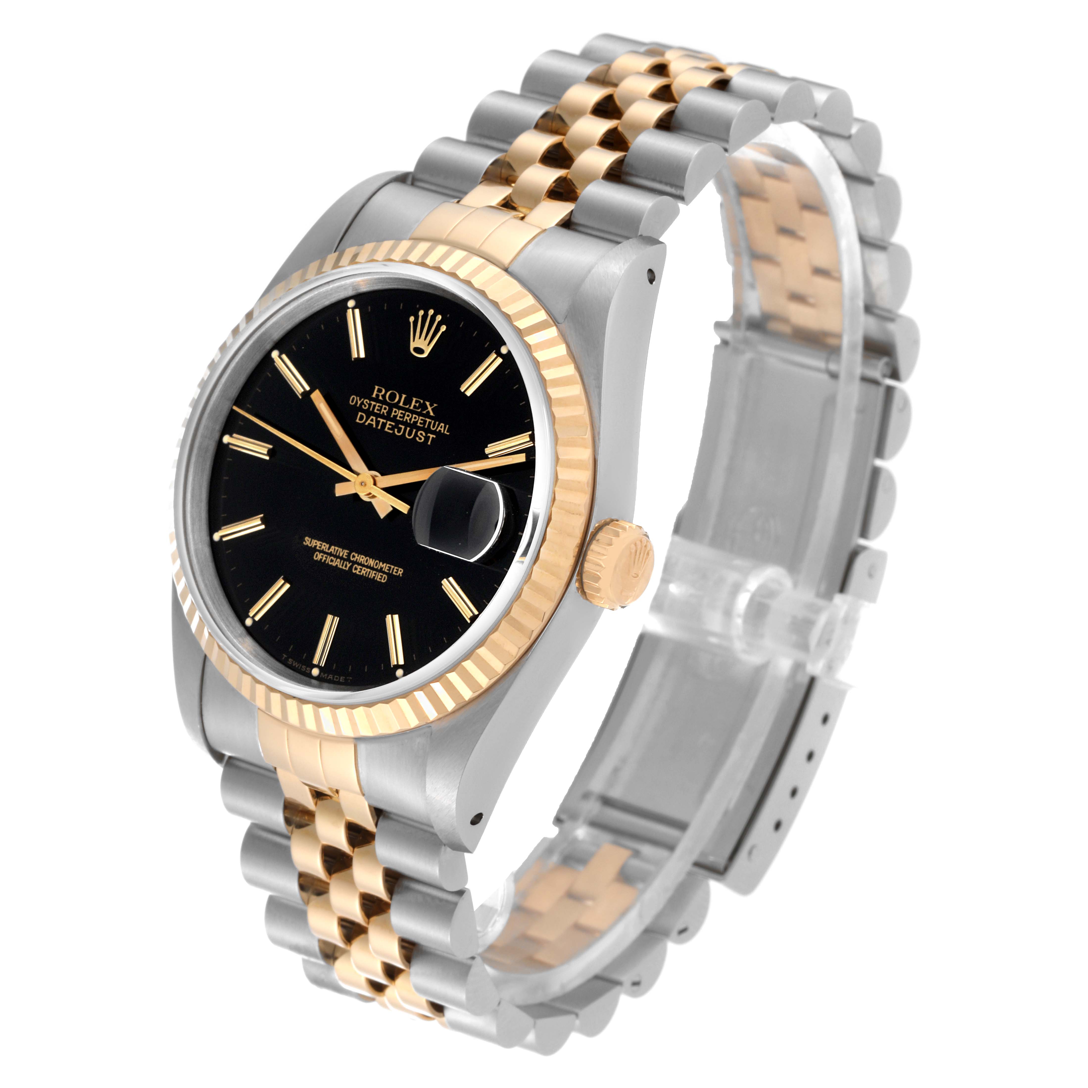 The image shows a Rolex Datejust 16233 Men's Steel and Gold (two tone) Black Dial 16233 Men's Steel and Gold (two tone) Black Dial watch at a slight angle, highlighting the black dial, fluted bezel, and bicolor Jubilee bracelet.