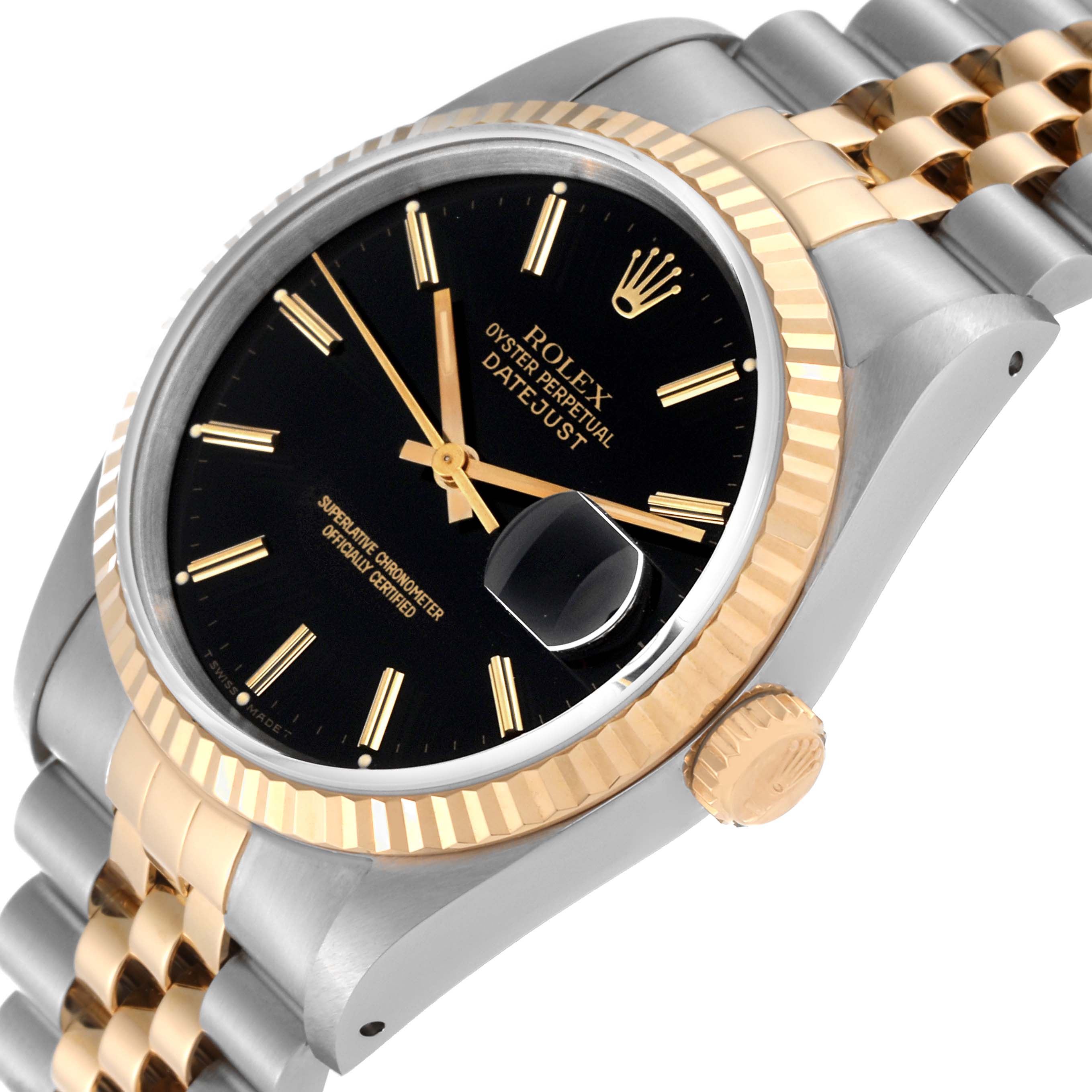 This image shows a Rolex Datejust 16233 Men's Steel and Gold (two tone) Black Dial 16233 Men's Steel and Gold (two tone) Black Dial watch angled to display the dial, bezel, crown, and part of the bracelet.