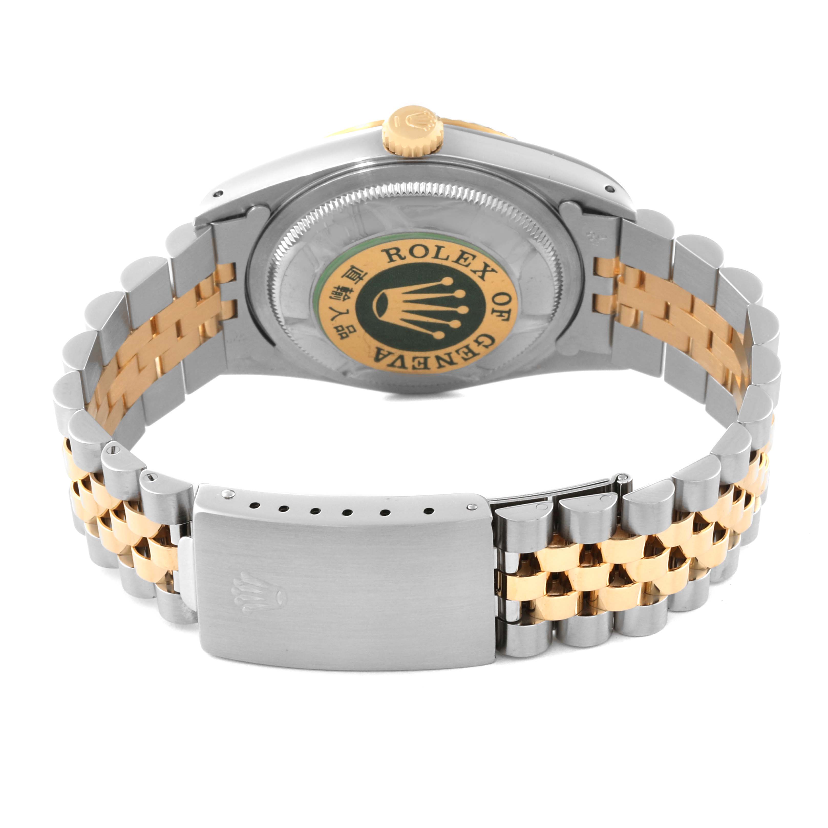 This image of the Rolex Datejust 16233 Men's Steel and Gold (two tone) Black Dial 16233 Men's Steel and Gold (two tone) Black Dial watch shows the back view, highlighting the case back and two-tone jubilee bracelet.