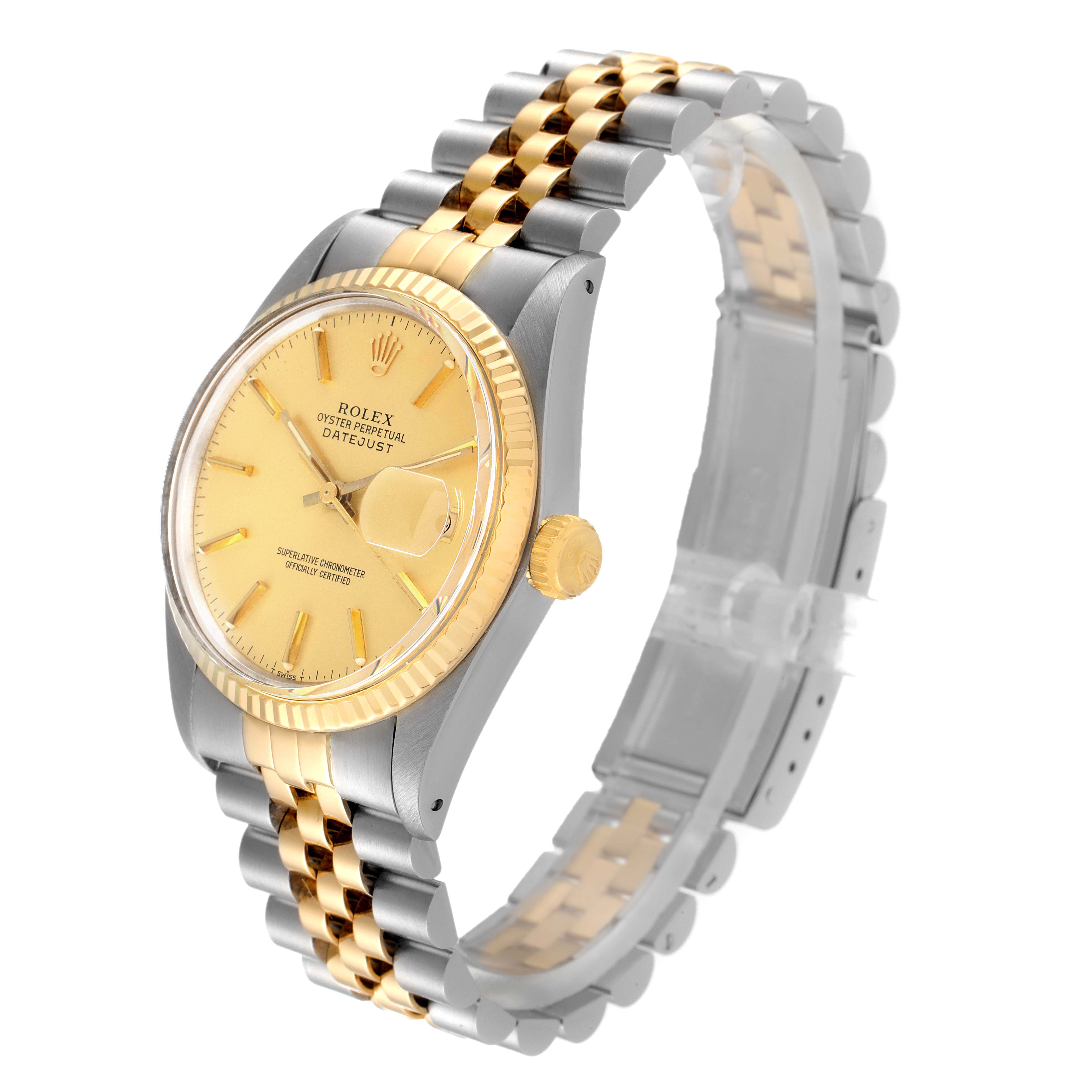 The Rolex Vintage Collection 16013 Men's Steel and Gold (two tone) Champagne Dial 16013 Men's Steel and Gold (two tone) Champagne Dial Datejust watch is shown at a three-quarter side angle, highlighting the gold dial and two-tone bracelet.