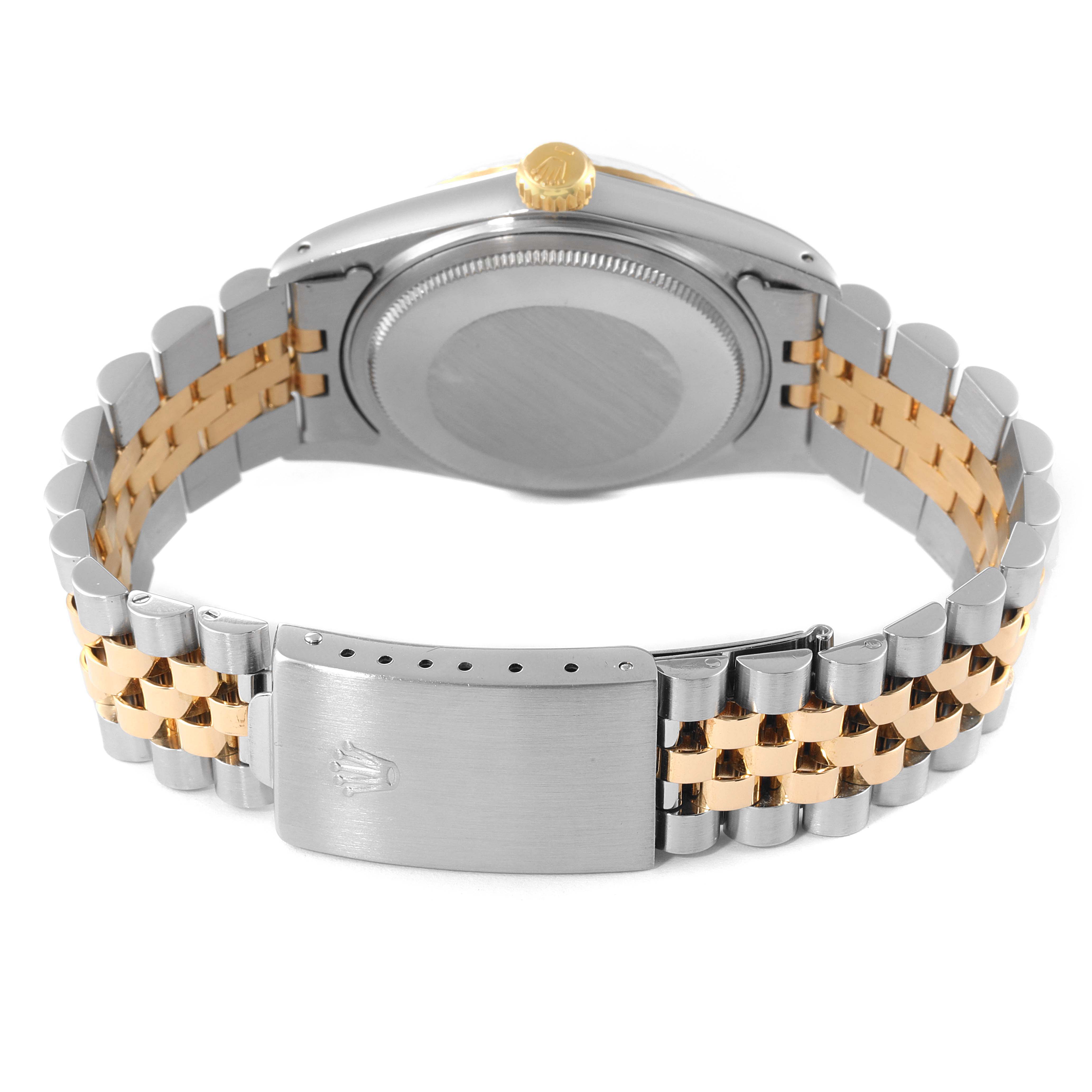 The image shows the back view of a Rolex Vintage Collection 16013 Men's Steel and Gold (two tone) Champagne Dial 16013 Men's Steel and Gold (two tone) Champagne Dial watch, highlighting the clasp, bracelet, and case back.