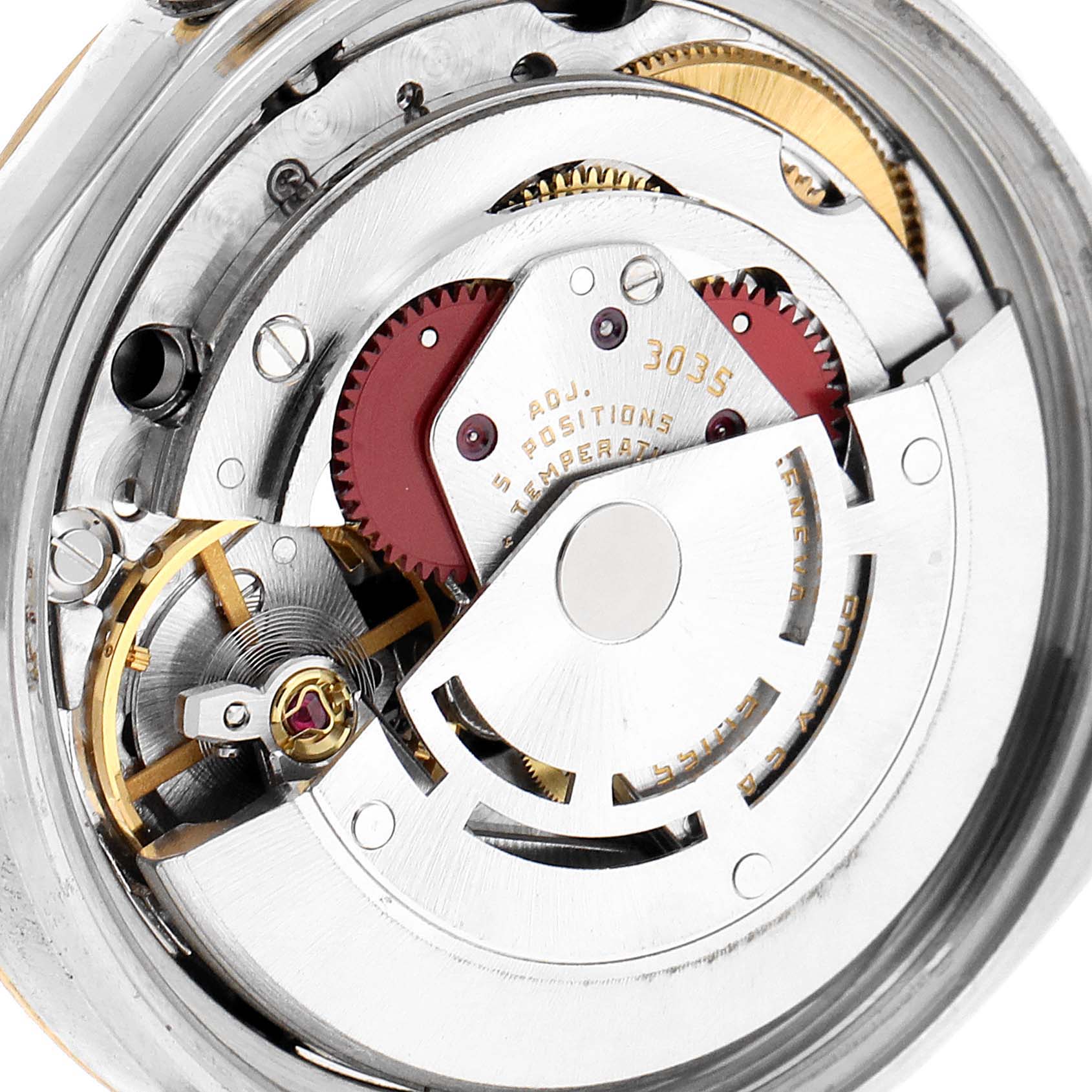 This image shows the intricate internal mechanics of the Rolex Vintage Collection 16013 Men's Steel and Gold (two tone) Champagne Dial 16013 Men's Steel and Gold (two tone) Champagne Dial watch from a top-down angle, highlighting gears and the movement component.