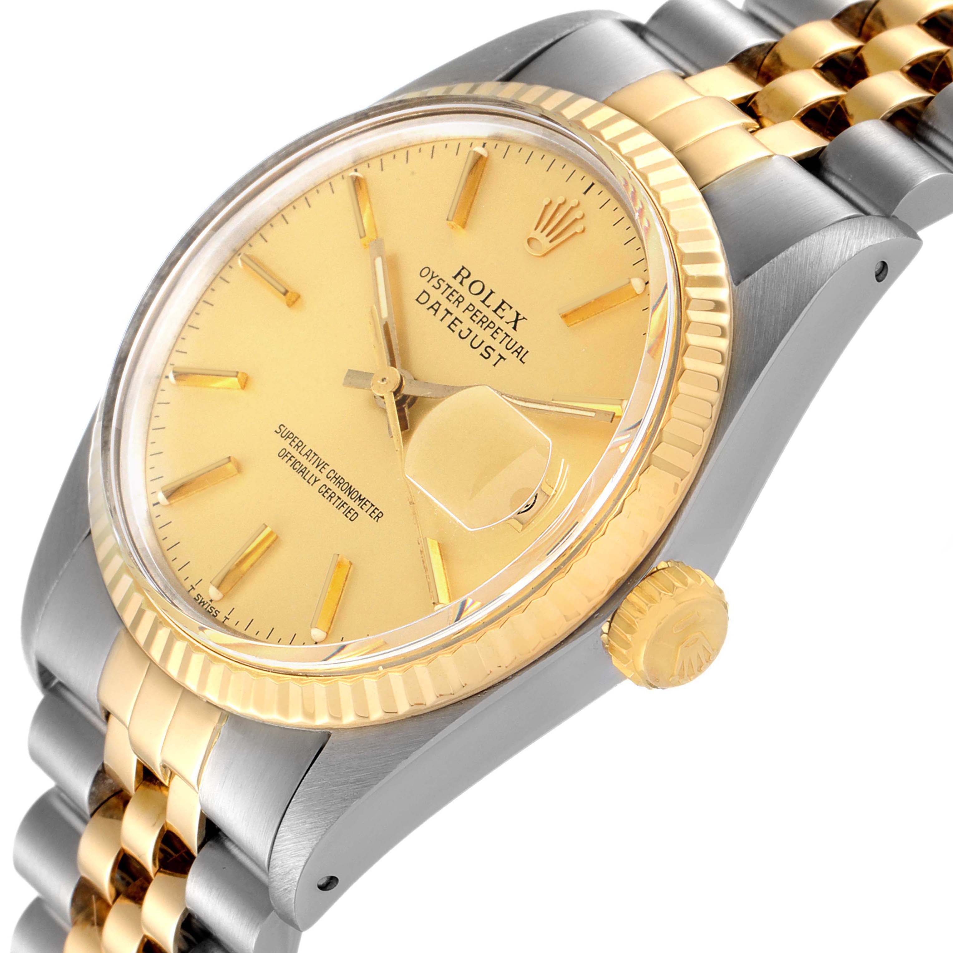 This image shows a close-up angled view of the dial, bezel, and part of the bracelet of the Rolex Vintage Collection 16013 Men's Steel and Gold (two tone) Champagne Dial 16013 Men's Steel and Gold (two tone) Champagne Dial Datejust.