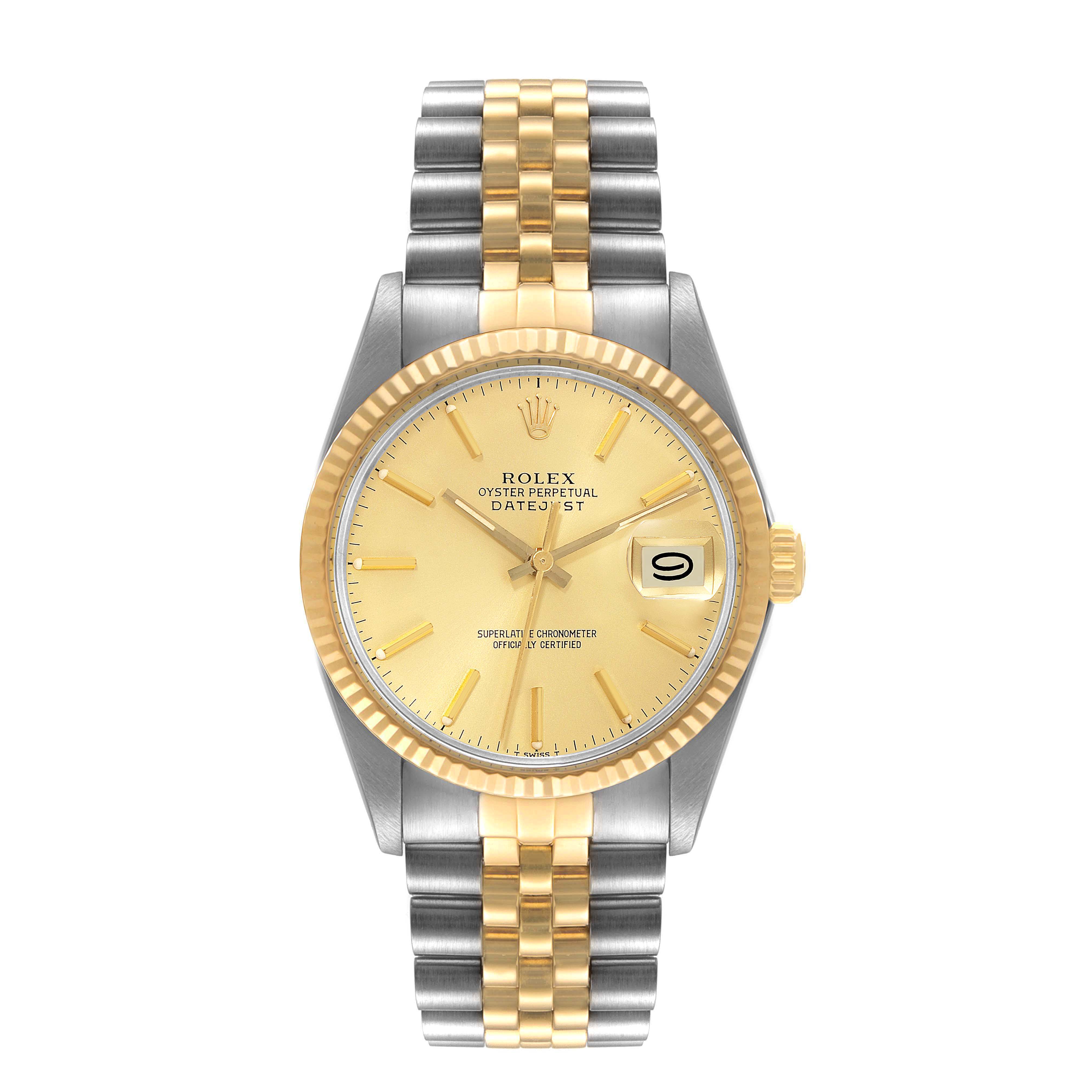 This is a front view of the Rolex Vintage Collection 16013 Men's Steel and Gold (two tone) Champagne Dial 16013 Men's Steel and Gold (two tone) Champagne Dial Oyster Perpetual Datejust watch, showing its dial, bezel, and two-tone bracelet.