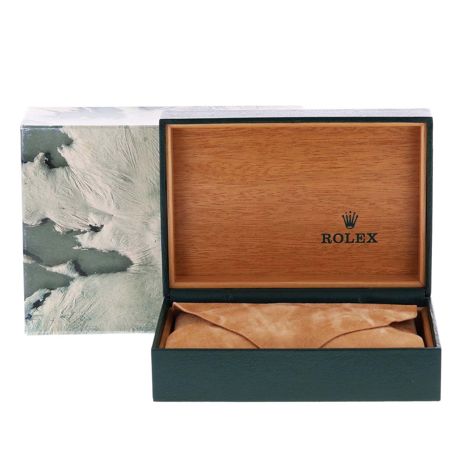 The image shows an open box for the Rolex Vintage Collection 16013 Men's Steel and Gold (two tone) Champagne Dial 16013 Men's Steel and Gold (two tone) Champagne Dial watch, featuring a wooden interior and branded cushion.