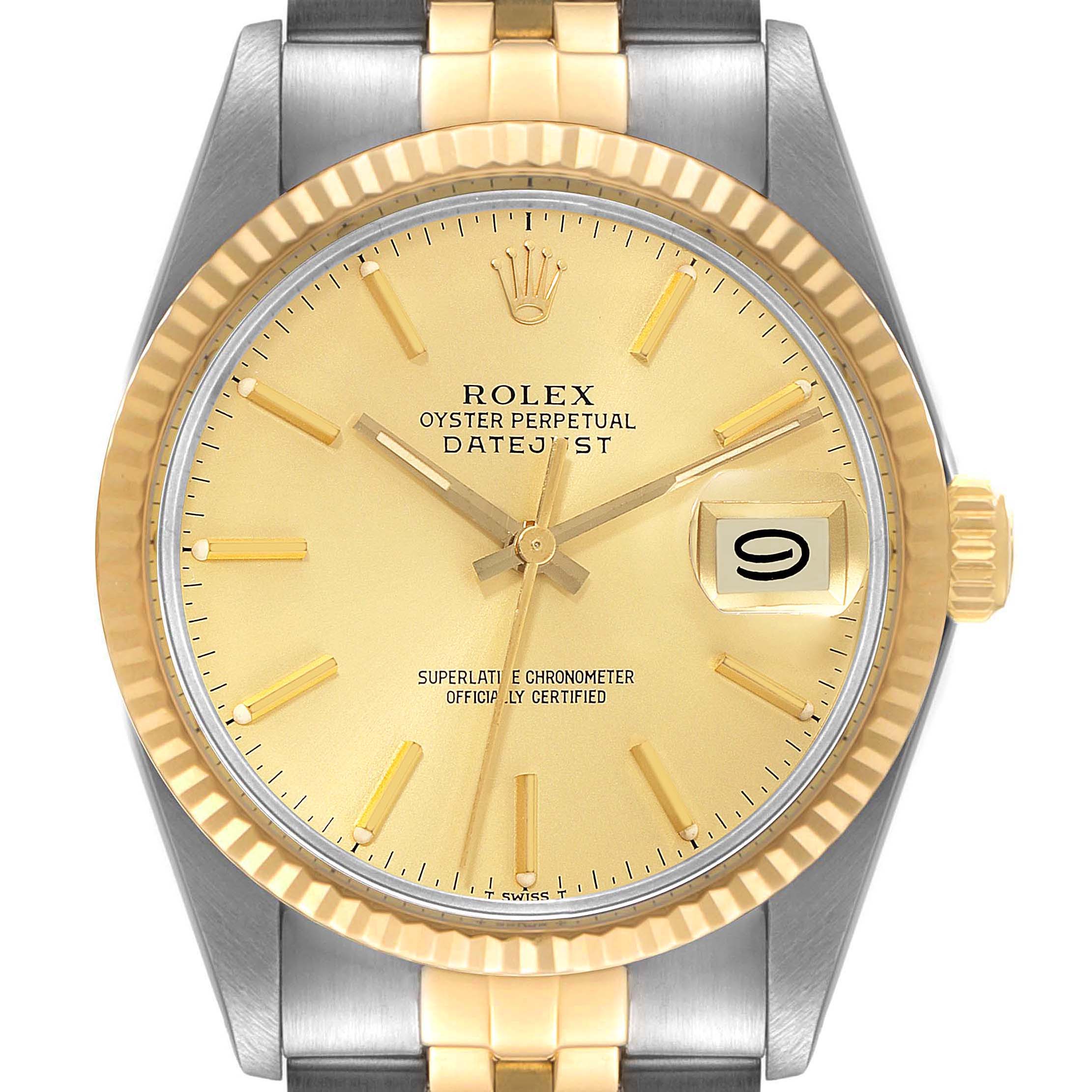 The image shows a front view of a Vintage Collection Rolex Datejust watch, highlighting its gold and silver design and date display.