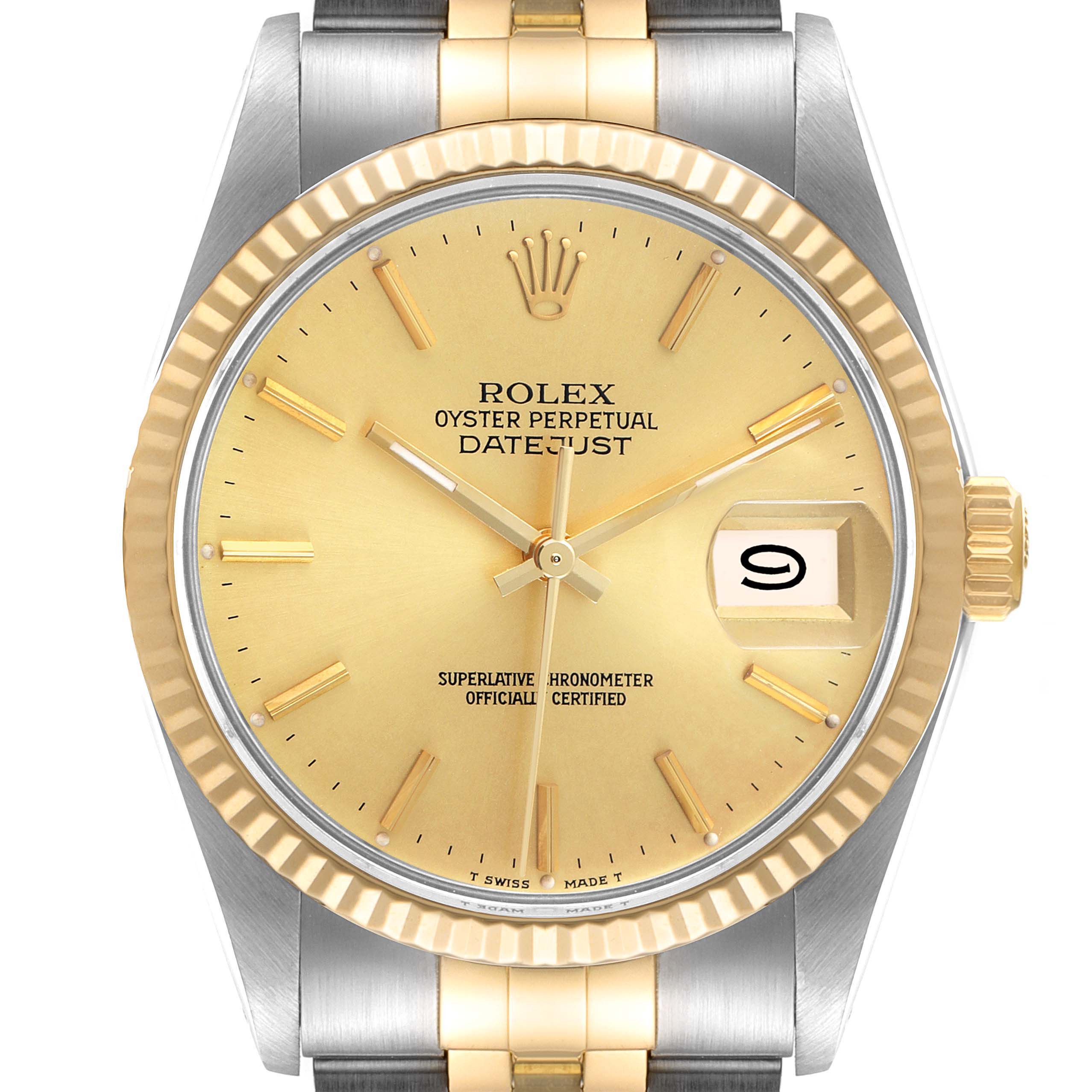 This image shows a close-up front view of the Rolex Vintage Collection 16013 Men's Steel and Gold (two tone) Champagne Dial 16013 Men's Steel and Gold (two tone) Champagne Dial Datejust watch, highlighting its dial, bezel, and crown.