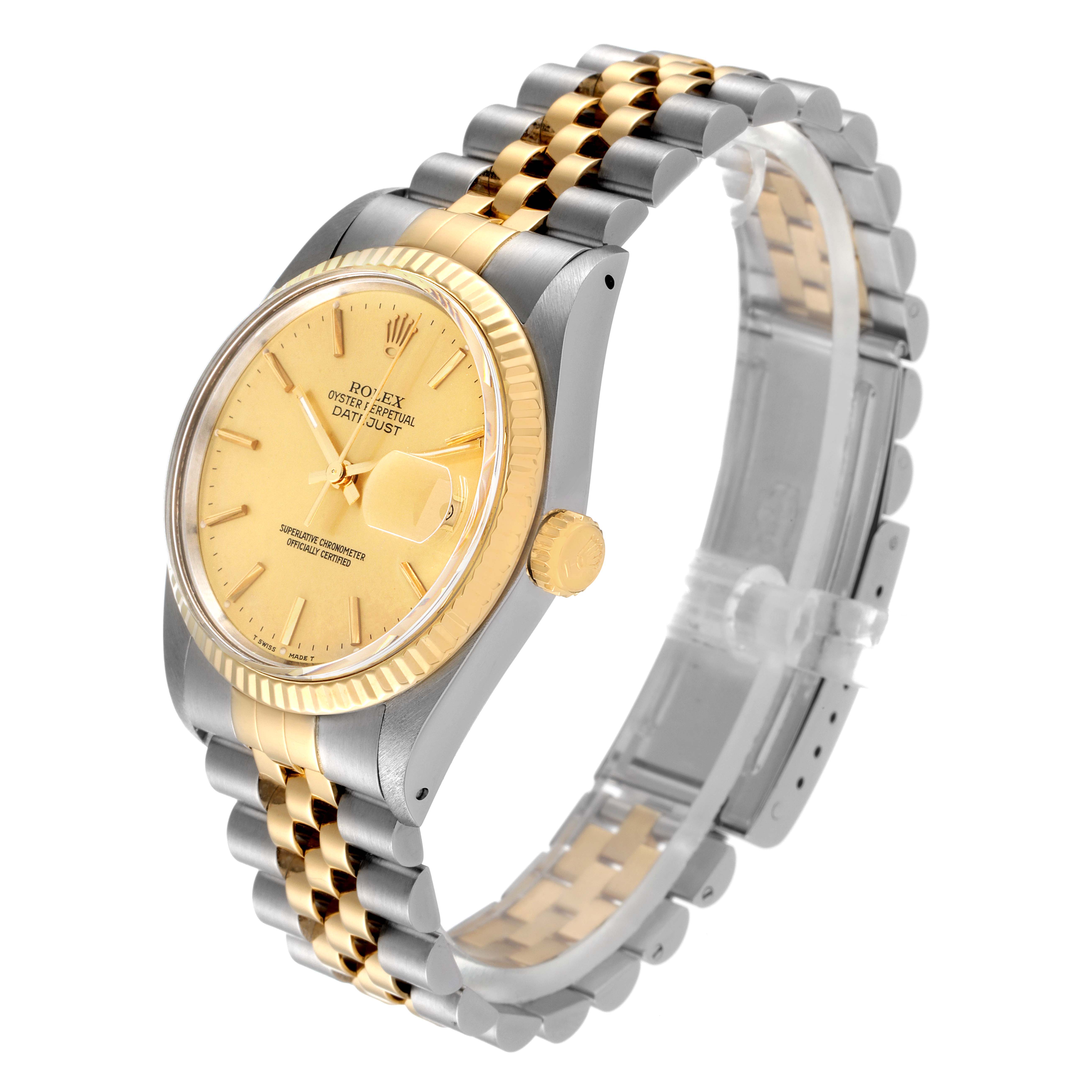 The Rolex Vintage Collection 16013 Men's Steel and Gold (two tone) Champagne Dial 16013 Men's Steel and Gold (two tone) Champagne Dial watch is shown at a front-side angle, displaying its gold and silver two-tone bracelet, dial, and crown.