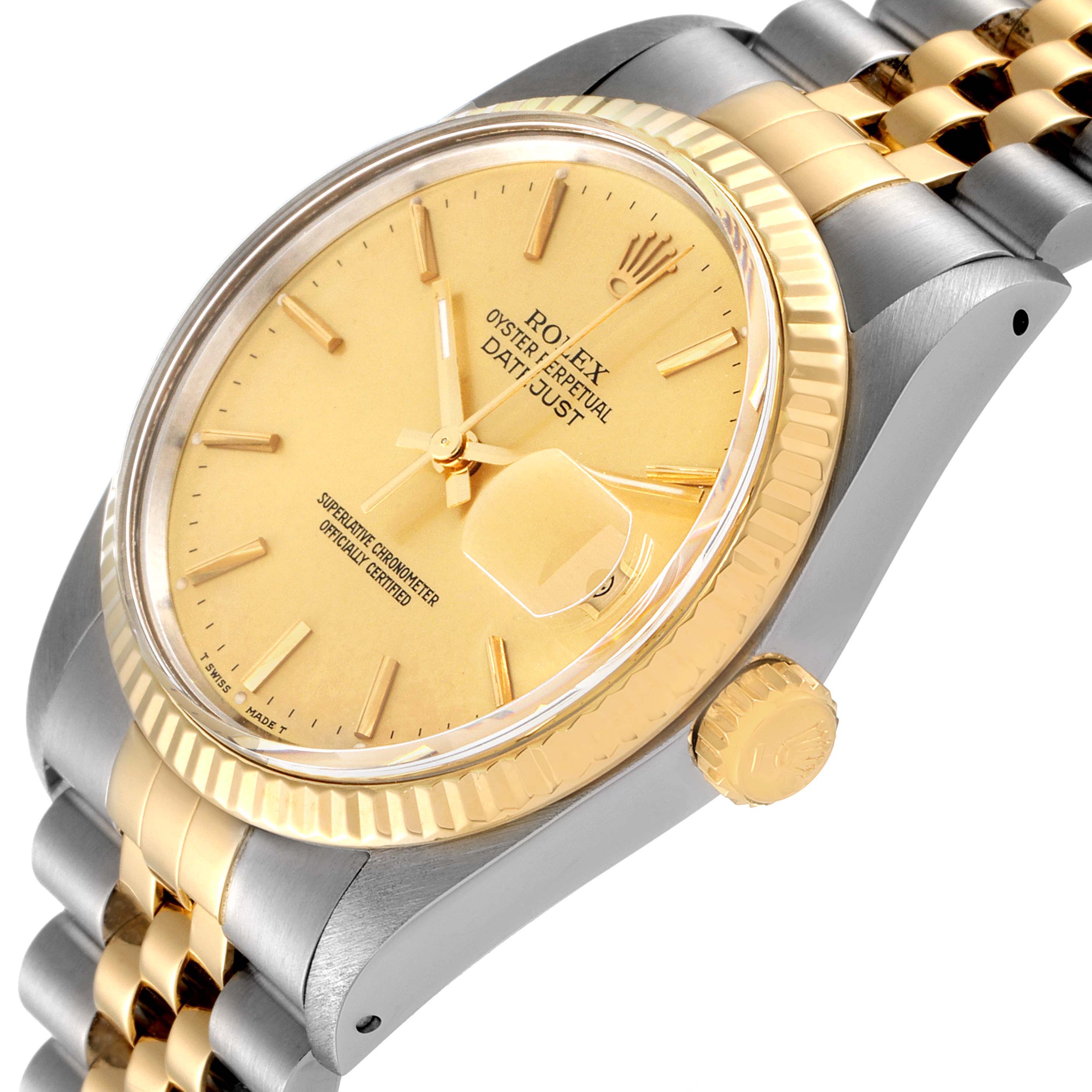 The image shows a side angle of the Rolex Vintage Collection 16013 Men's Steel and Gold (two tone) Champagne Dial 16013 Men's Steel and Gold (two tone) Champagne Dial Datejust watch, highlighting its gold and silver case, bezel, and bracelet.
