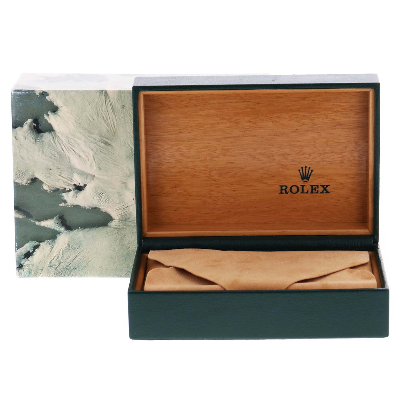 This image shows an open wooden box with the "Rolex" brand and logo, designed for the Vintage Collection model.