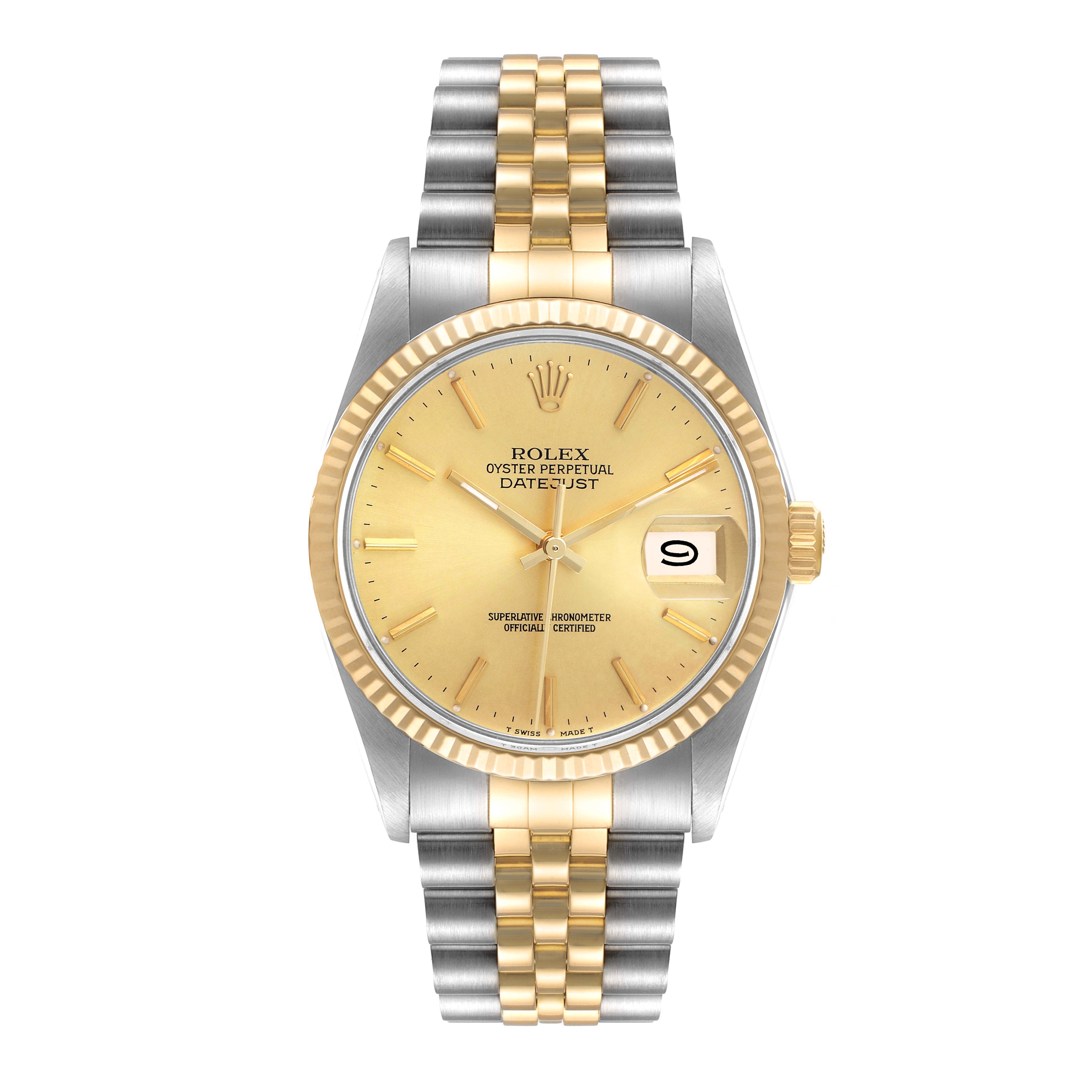 The image shows a front view of the Rolex Vintage Collection 16013 Men's Steel and Gold (two tone) Champagne Dial 16013 Men's Steel and Gold (two tone) Champagne Dial Oyster Perpetual Datejust watch with a two-tone bracelet.