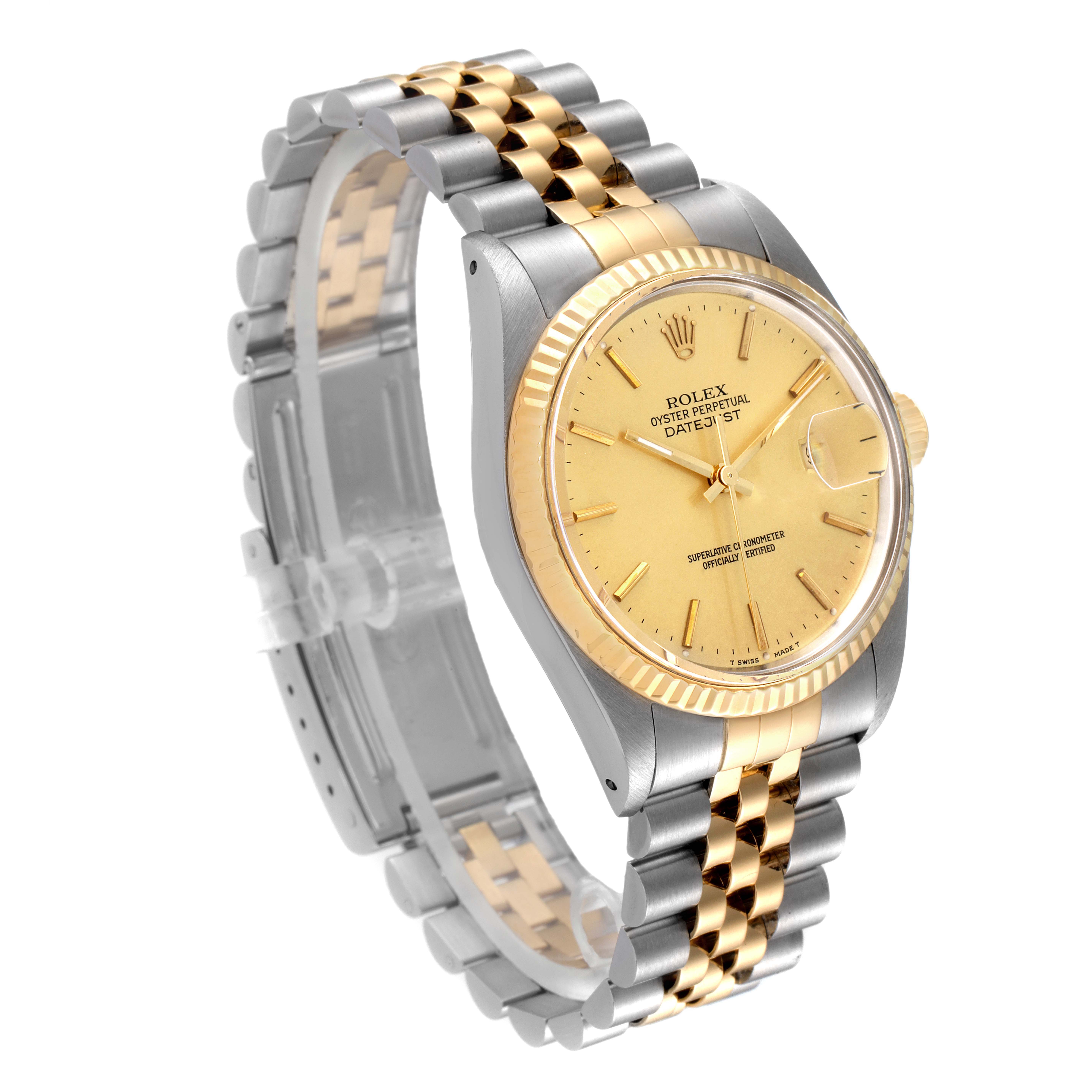 The Rolex Vintage Collection 16013 Men's Steel and Gold (two tone) Champagne Dial 16013 Men's Steel and Gold (two tone) Champagne Dial watch is displayed at a three-quarter angle, showing the face, bezel, and two-tone bracelet.
