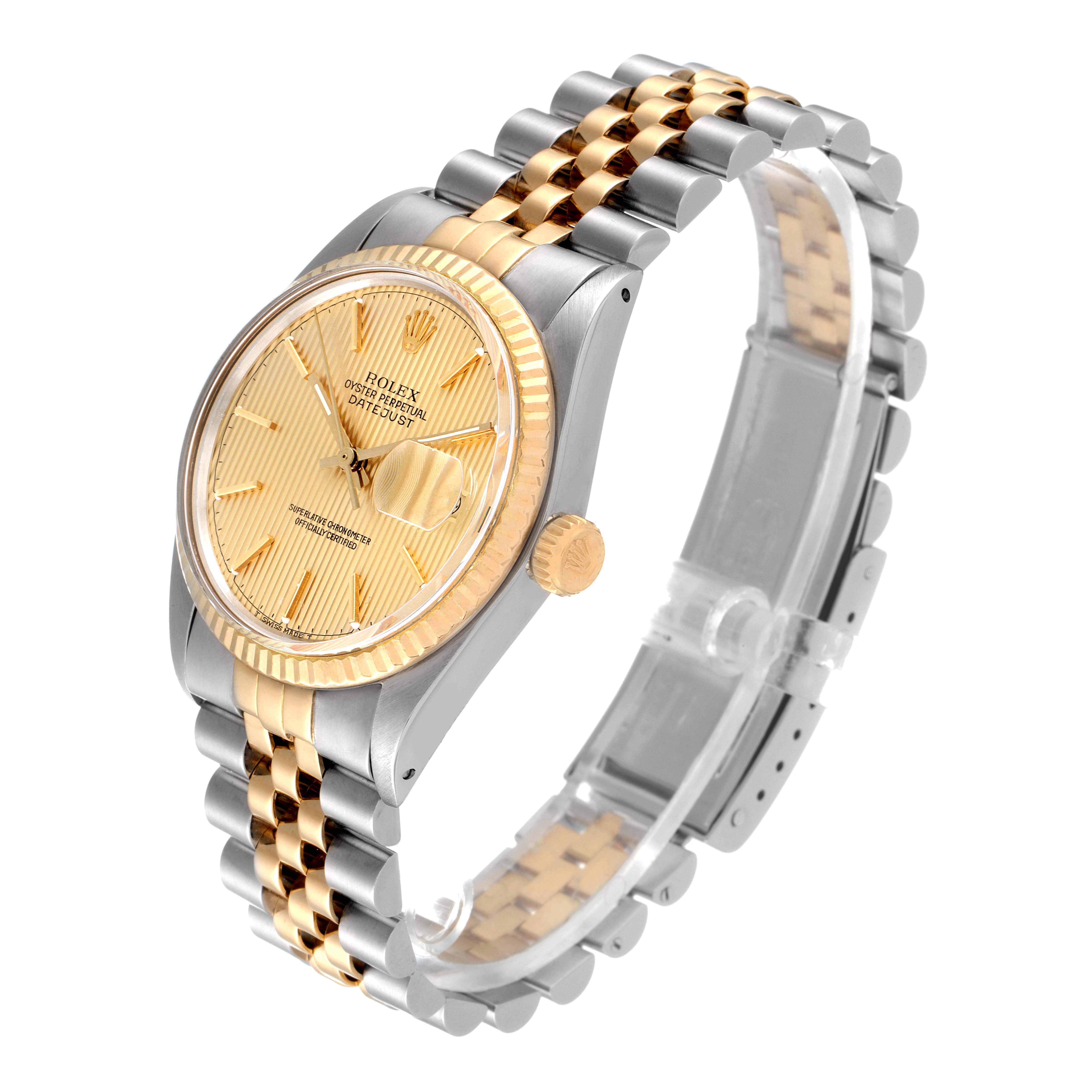 This image shows a Rolex Vintage Collection 16013 Men's Steel and Gold (two tone) Champagne Dial 16013 Men's Steel and Gold (two tone) Champagne Dial watch at a three-quarter angle, highlighting its gold and silver bracelet, bezel, dial, and crown.