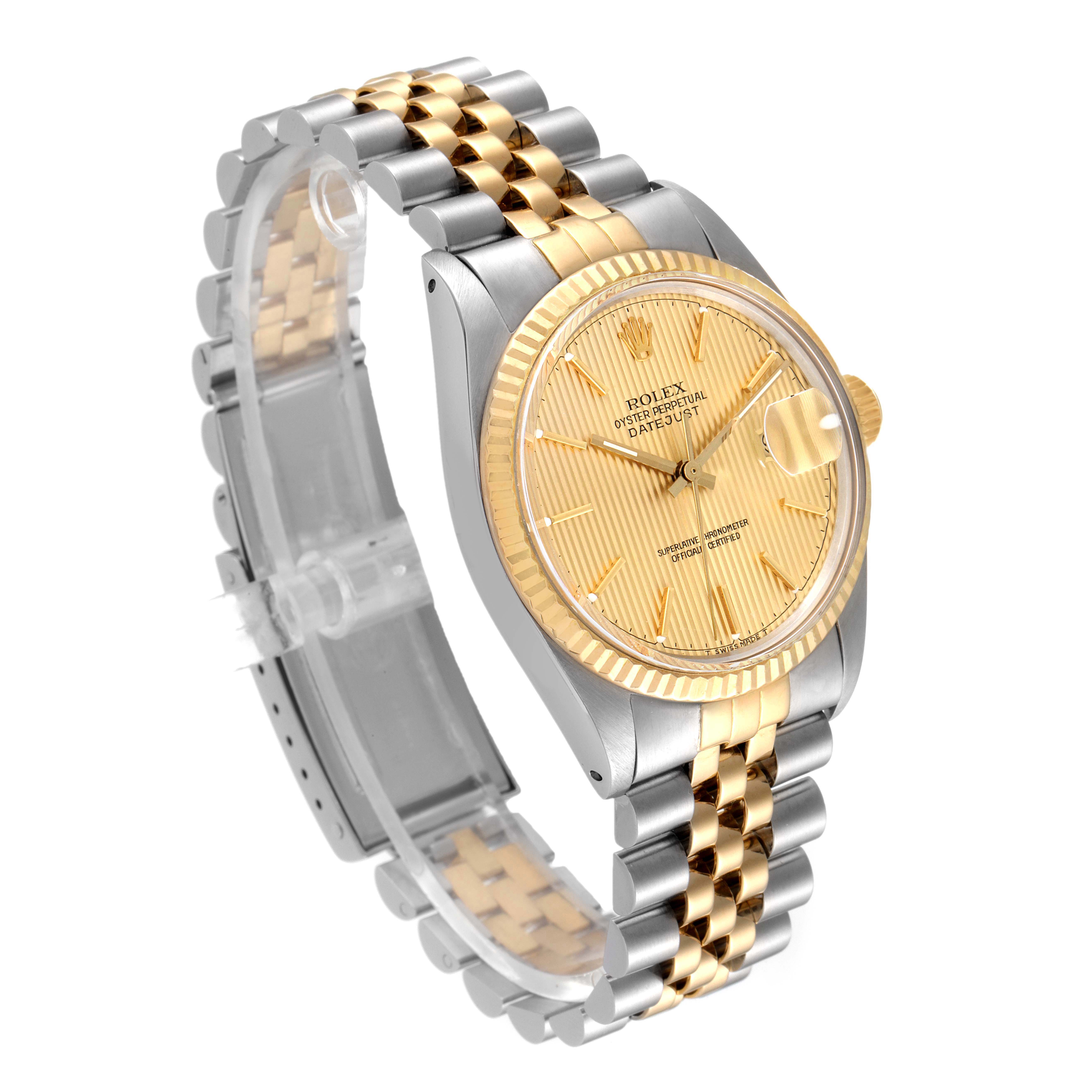 This image shows a side angle of the Rolex Vintage Collection 16013 Men's Steel and Gold (two tone) Champagne Dial 16013 Men's Steel and Gold (two tone) Champagne Dial model, displaying its two-tone bracelet and gold dial.