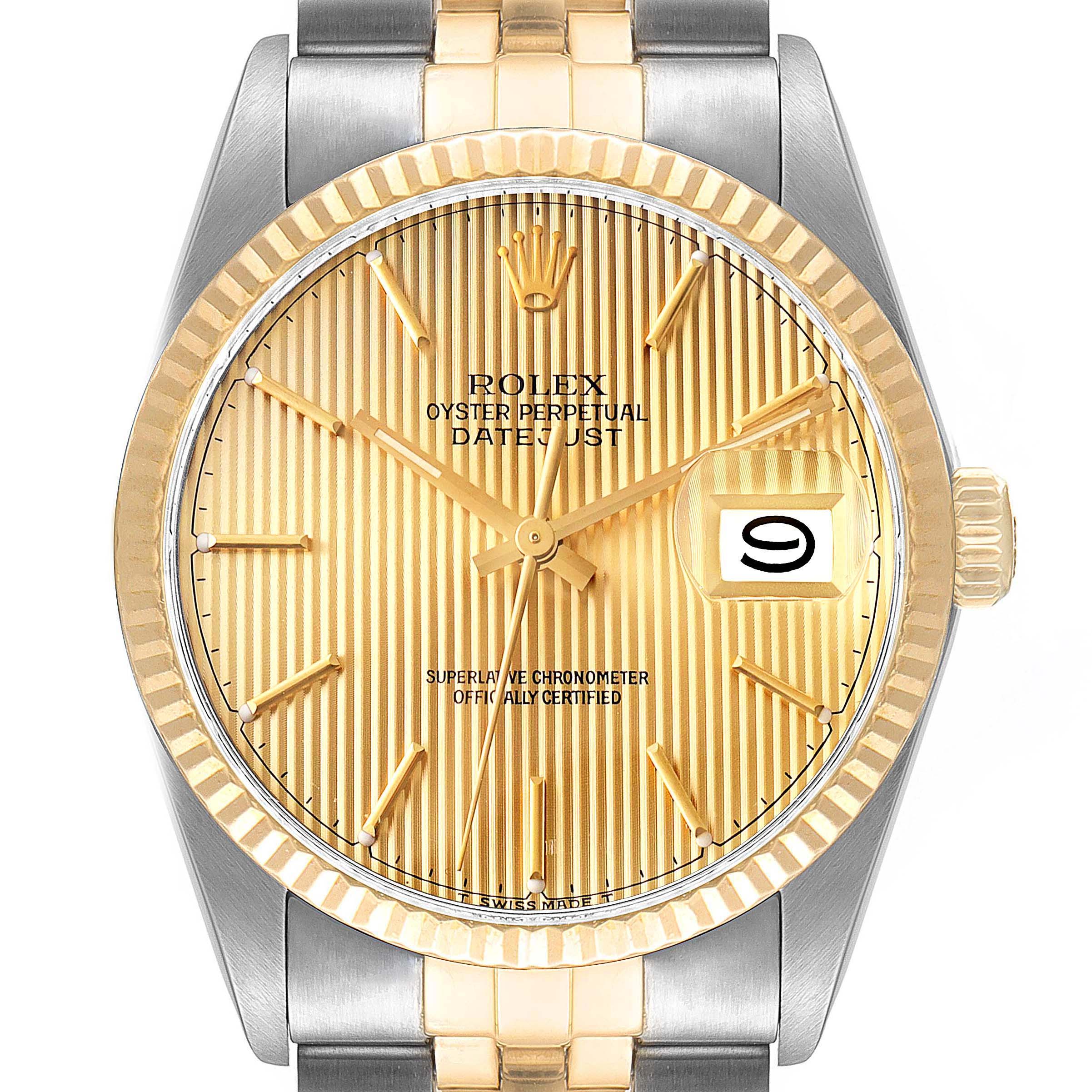 This image shows a front view of the Rolex Vintage Collection 16013 Men's Steel and Gold (two tone) Champagne Dial 16013 Men's Steel and Gold (two tone) Champagne Dial model, showcasing its gold dial, bezel, hands, and date window.