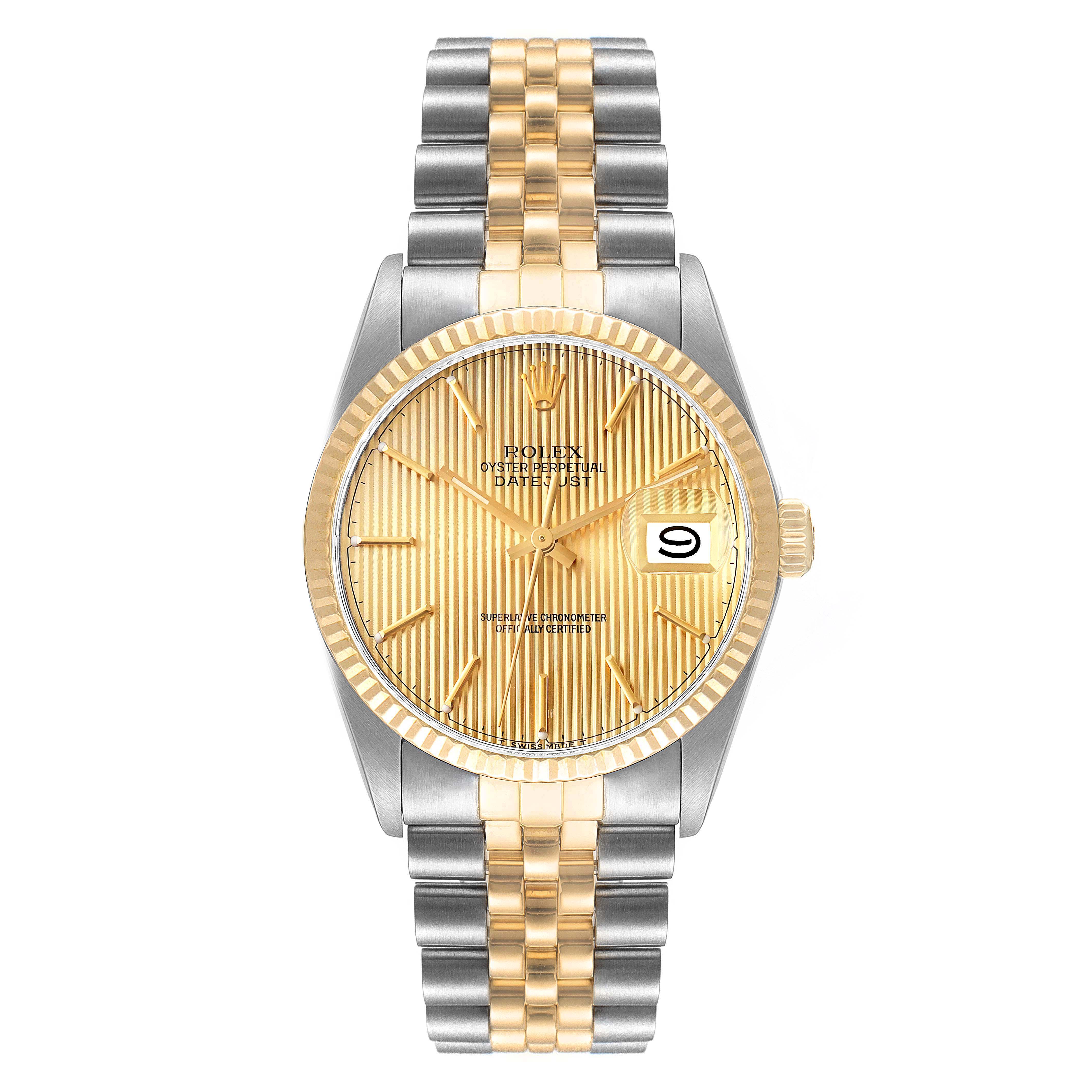 The image shows a front view of a Rolex Vintage Collection 16013 Men's Steel and Gold (two tone) Champagne Dial 16013 Men's Steel and Gold (two tone) Champagne Dial watch with a two-tone gold and silver band and a gold dial.